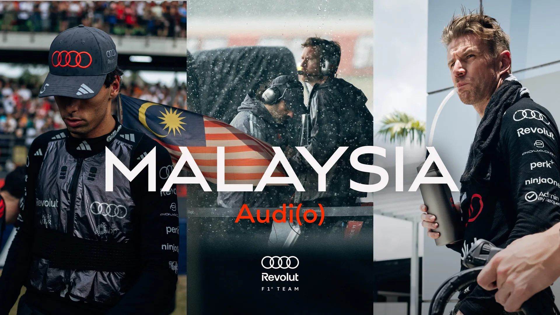 Audi(o) episode 3 key visual: Gabriel Bortoleto, engineers in the rain and a driver of the Audi Revolut F1® Team in Malaysia
