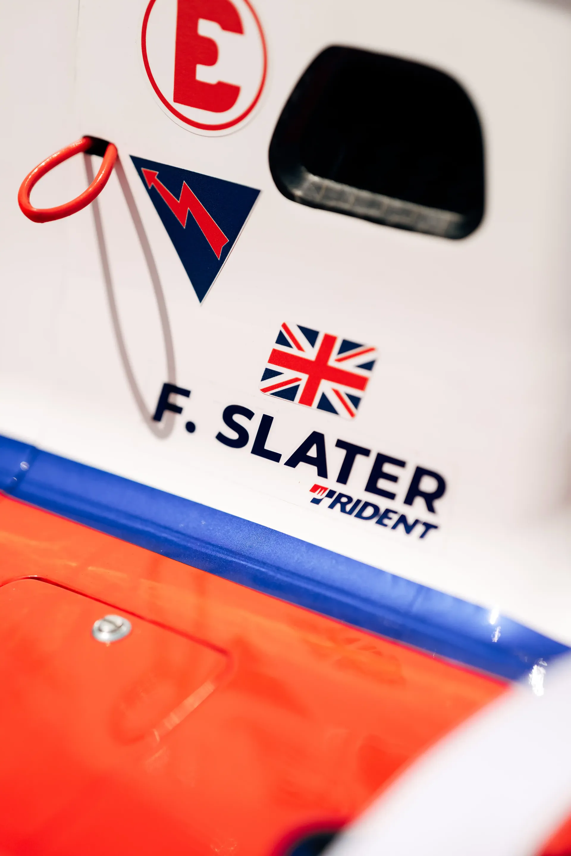 Detail shot of Freddie Slater's name and British flag displayed on the side of his Formula 3 car during the Monaco race weekend.