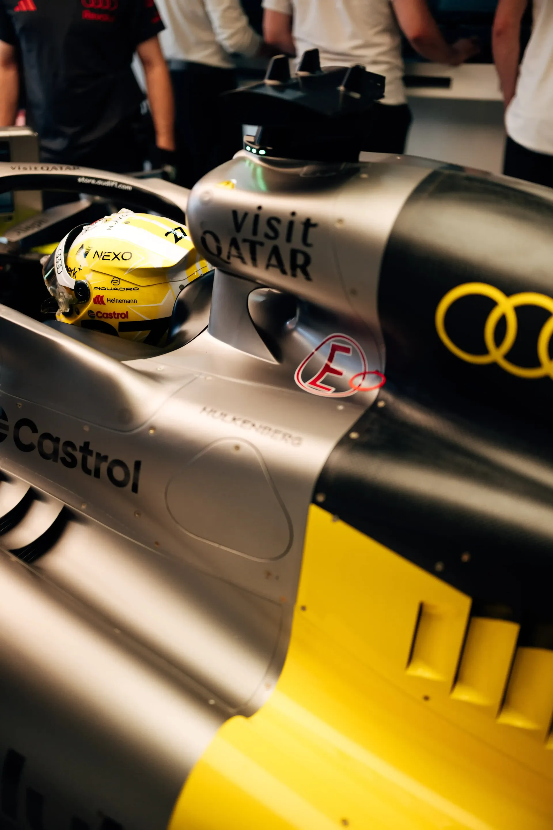 Close-up detail of the Audi Revolut F1® Team car R26 bodywork and cockpit area in the Monaco pit garage.