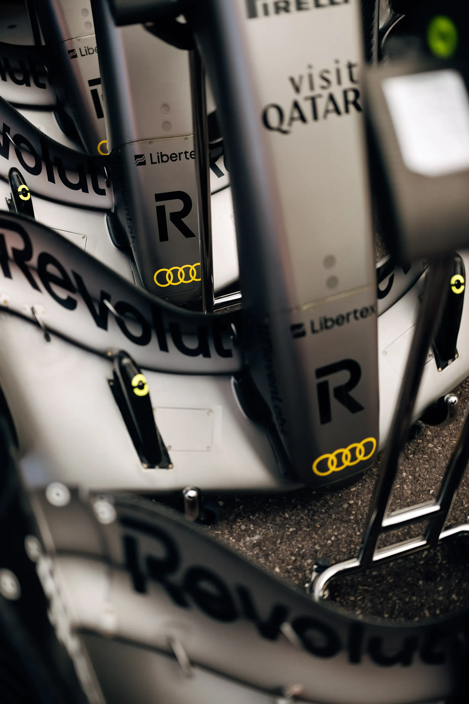 Close-up detail of the Audi Revolut F1® Team F1® car R26 nose and front bodywork in the Monaco garage.