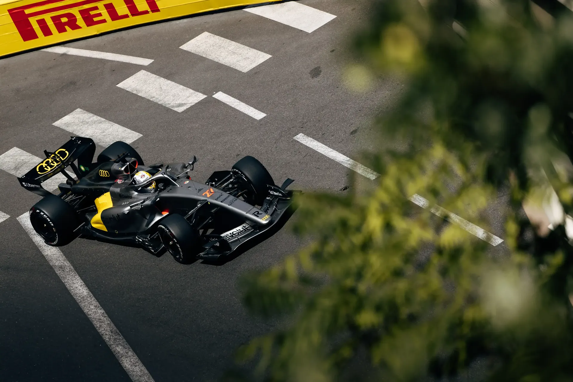 Audi Revolut F1® Team F1® car on track during the Monaco Grand Prix weekend FP1 session.