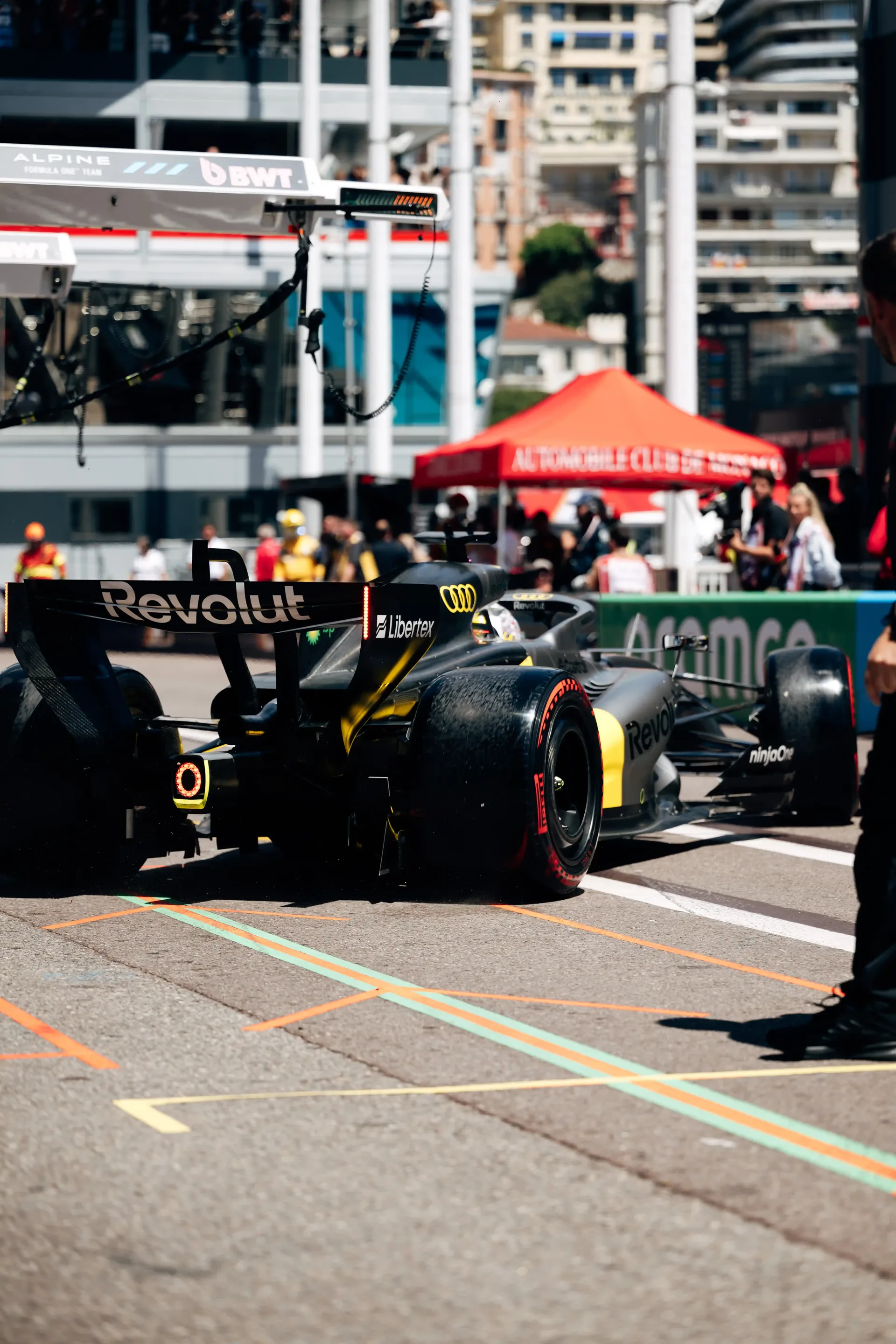 Audi Revolut F1® Team Formula 1 car R26 drives through the Monaco pit lane during FP3.