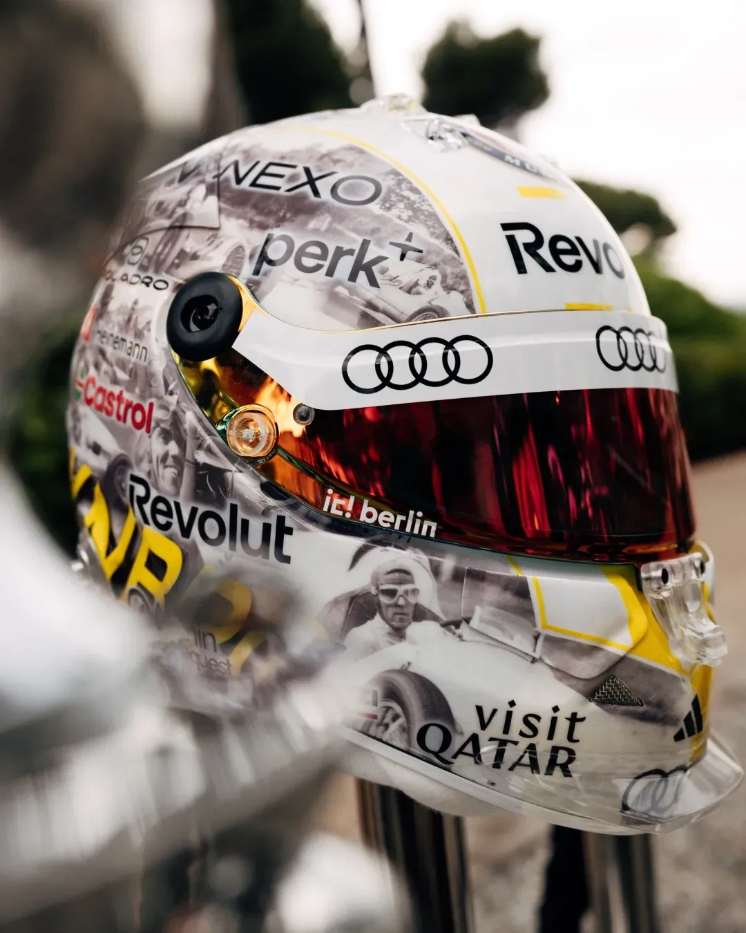Close up side view of Nico Hulkenbergs new special edition Nuvolari helmet at the Monaco Grand Prix 2026