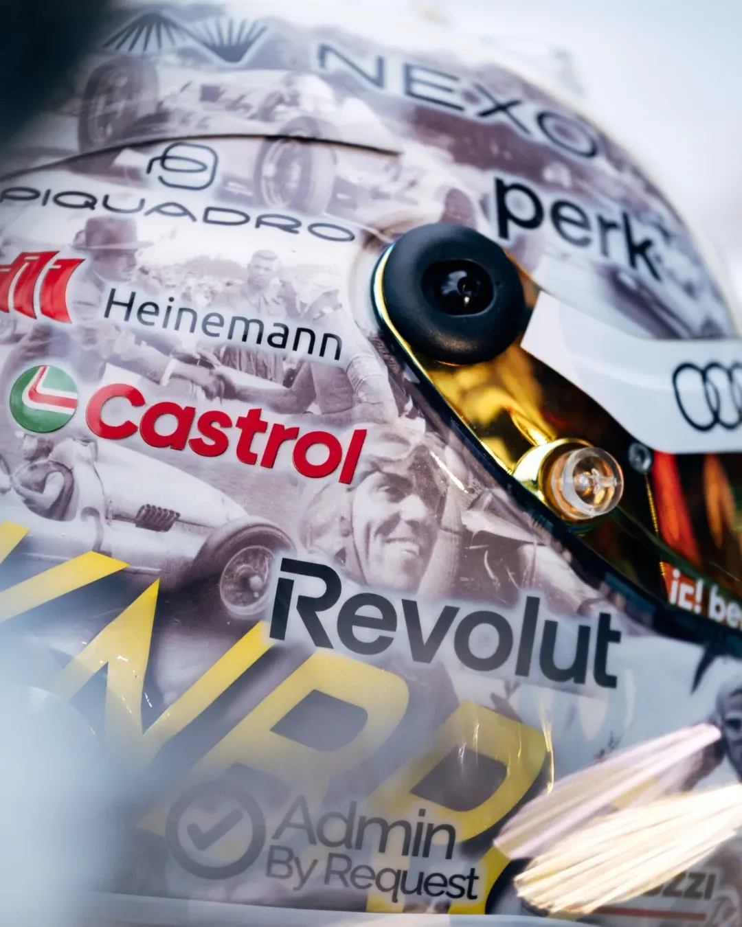 Close up side view of Nico Hulkenbergs new special edition helmet Nuvolari at the Monaco Grand Prix 2026
