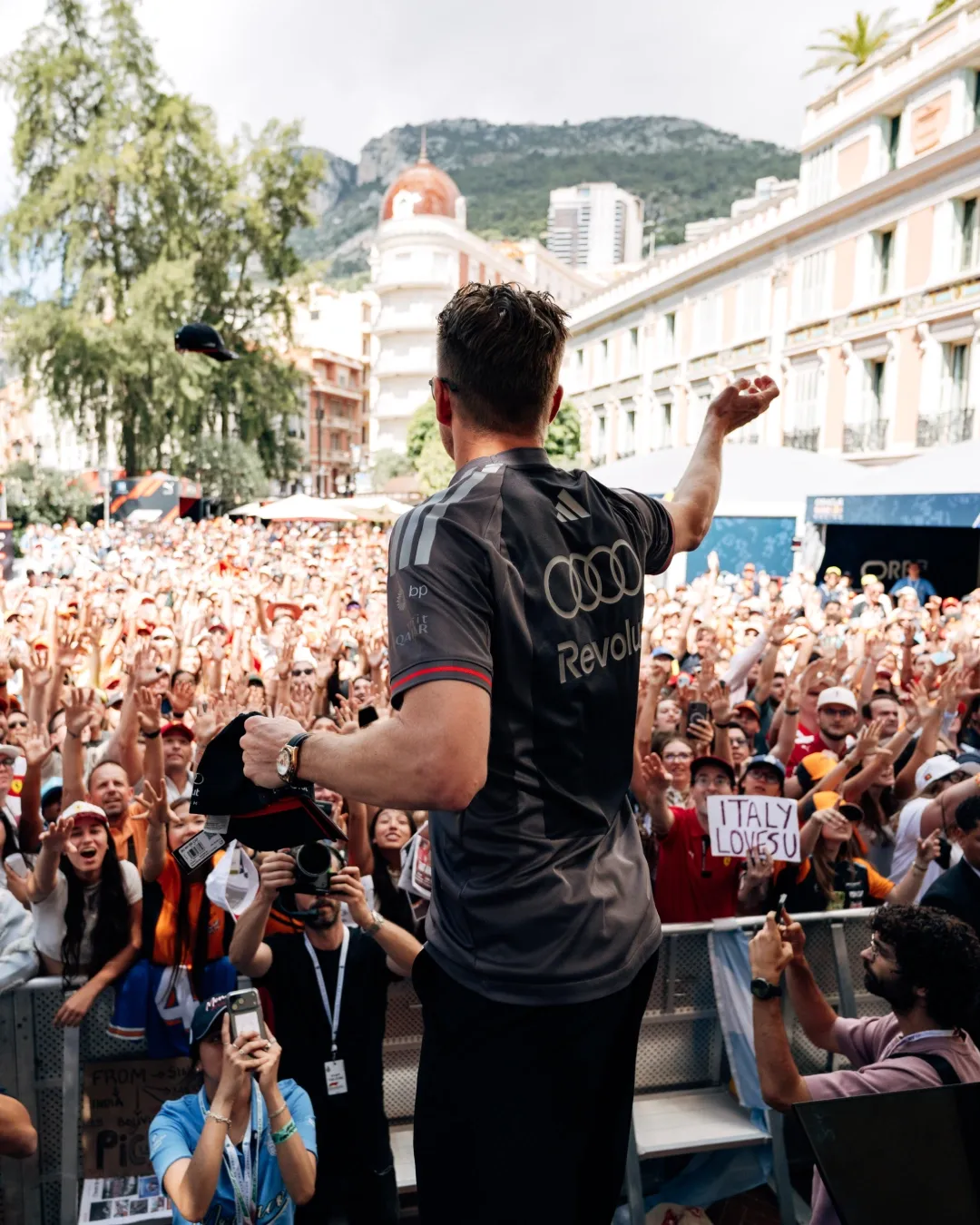 Nico Hülkenberg interact with Formula 1 fans during an Audi Revolut F1® Team fan forum event in Monaco.