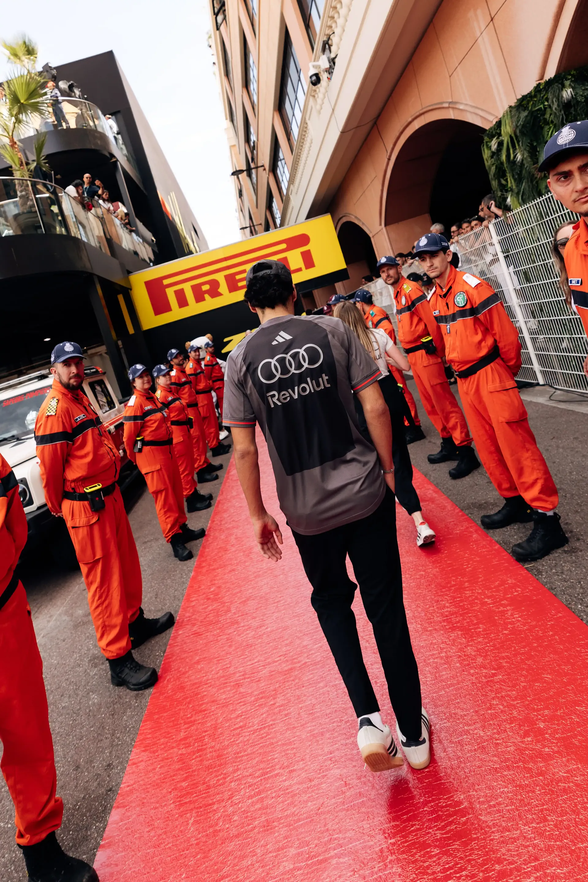 Gabriel Bortoleto driver at the Audi Revolut F1® Team walks along the red carpet during the Monaco Grand Prix 2026 drivers parade