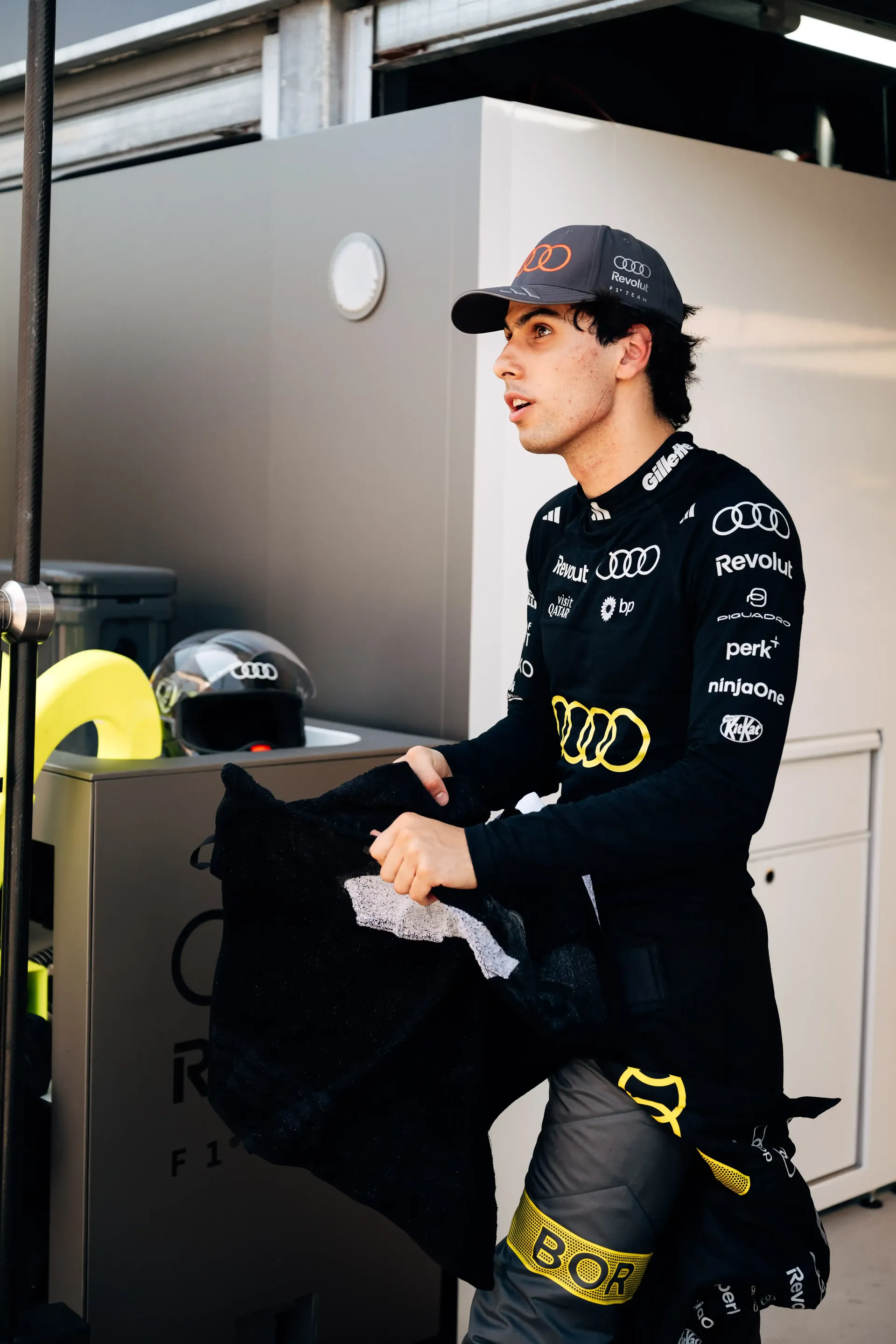 Gabriel Bortoleto driver at the Audi Revolut F1® Team inside garage at the Monaco Grand Prix 2026