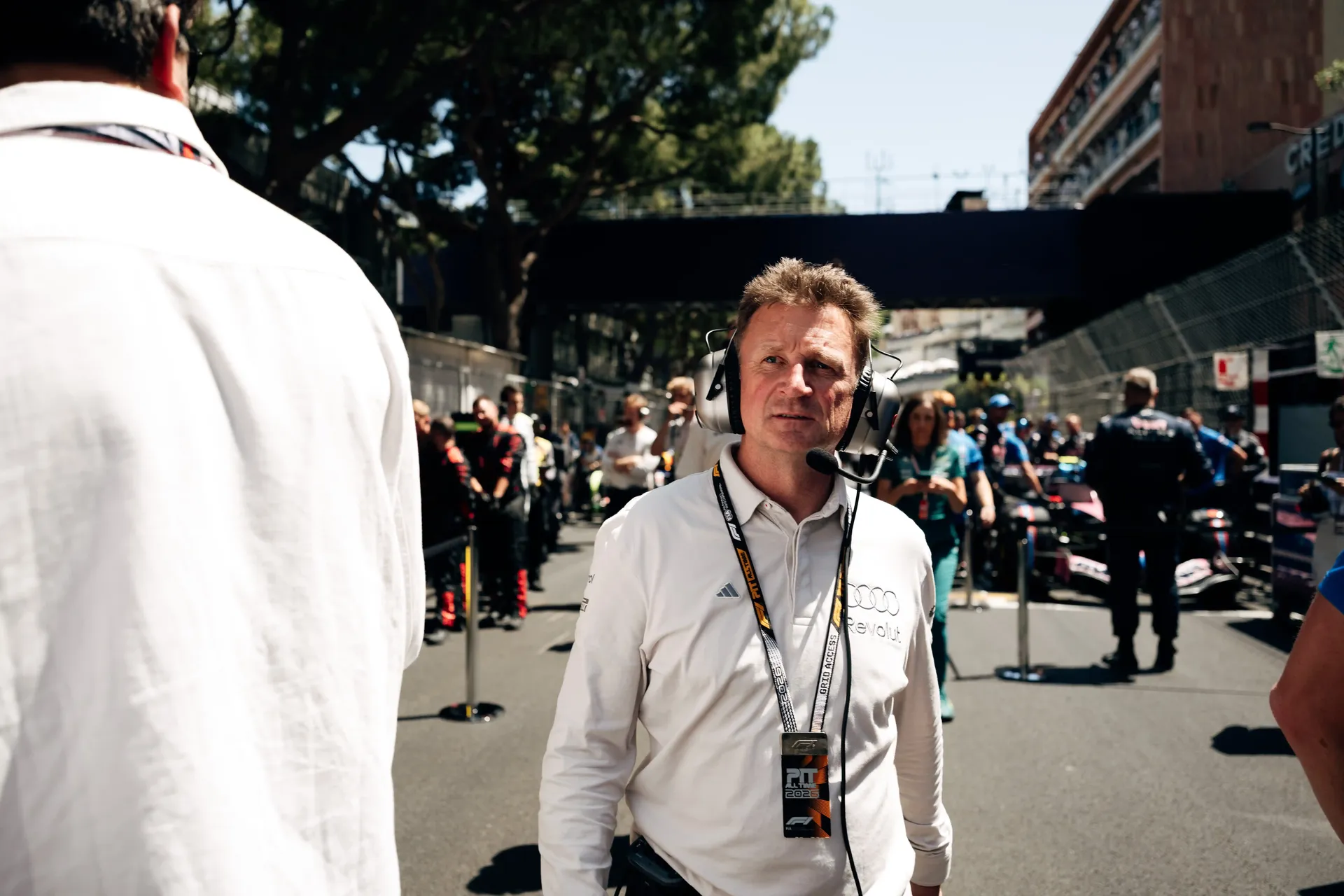 Audi Revolut F1® Team driving director Allan McNish walks through the Monaco Grand Prix paddock before the race.