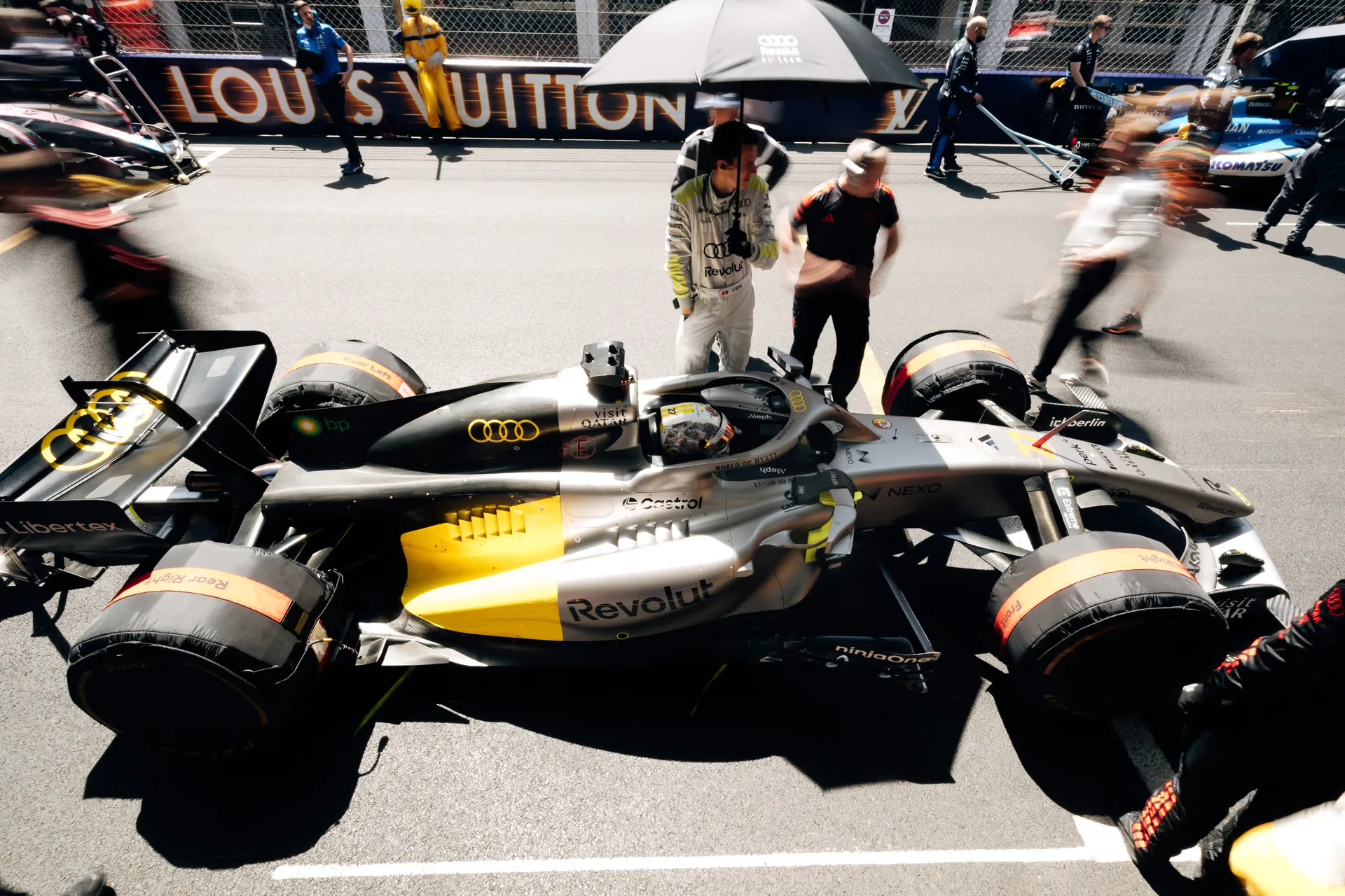 Audi Revolut F1® Team car R26 sits on the Monaco Grand Prix starting grid ahead of the race.