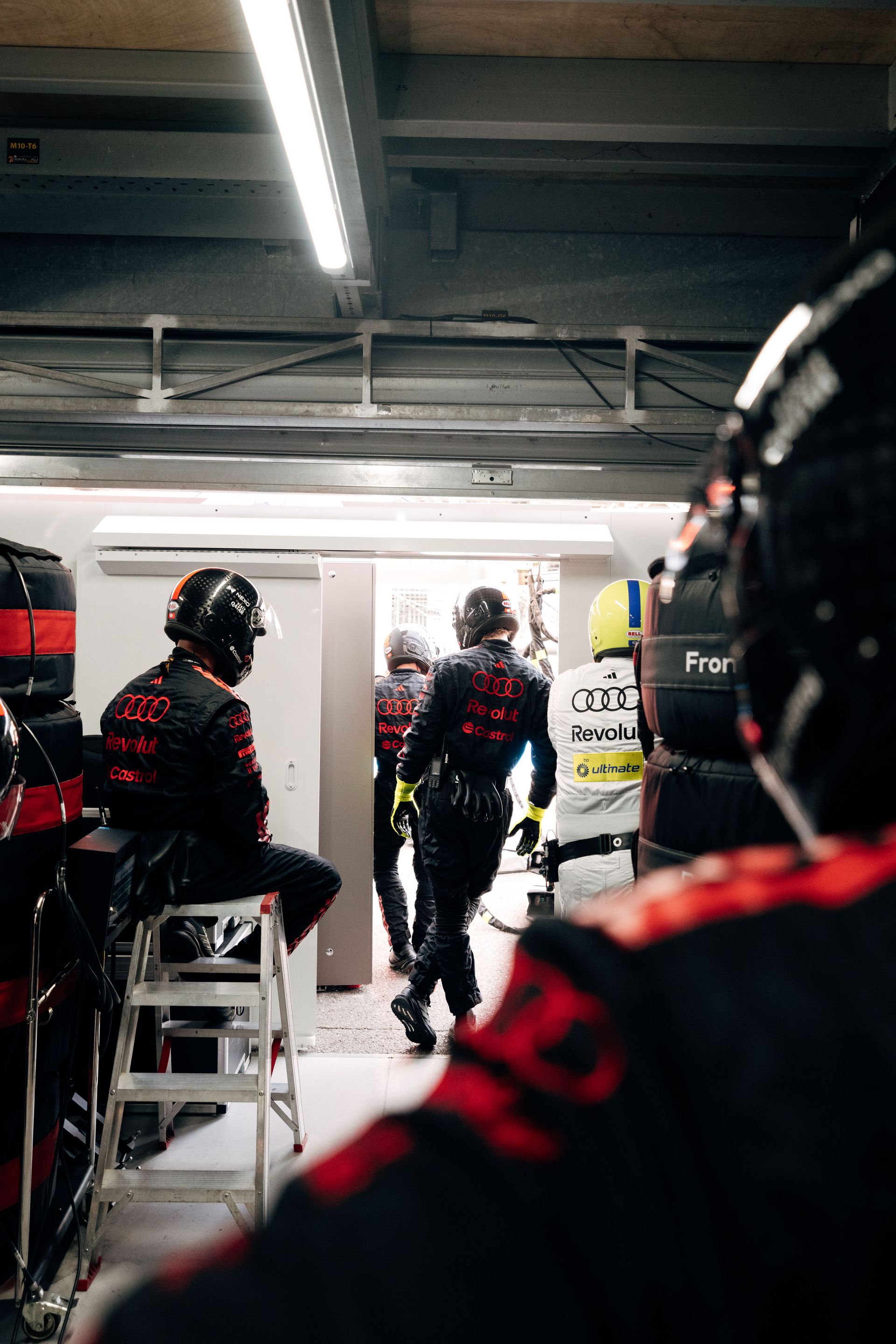 Audi Revolut F1® Team mechanics inside the garage at the Monaco Grand Prix.