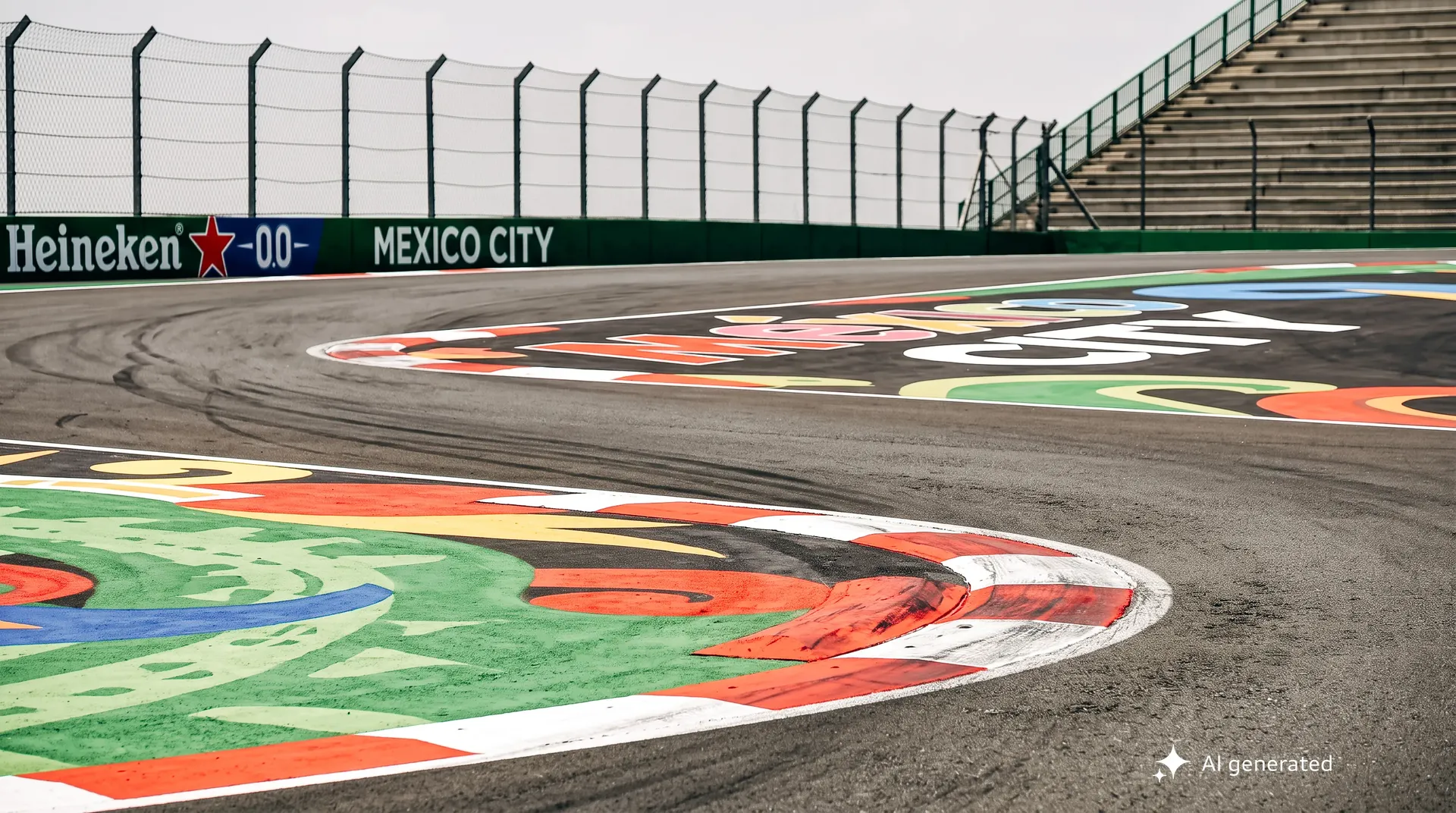 Colourful Mexico City painted run-off area and red and white kerbs at Autodromo Hermanos Rodriguez