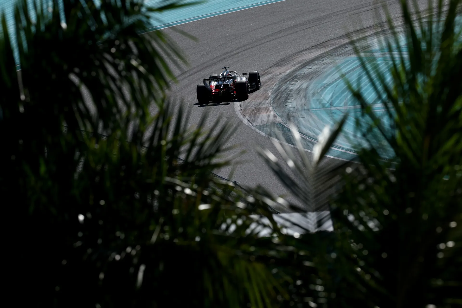 Audi Revolut F1® Team car driving through corner framed by palm leaves at Miami circuit
