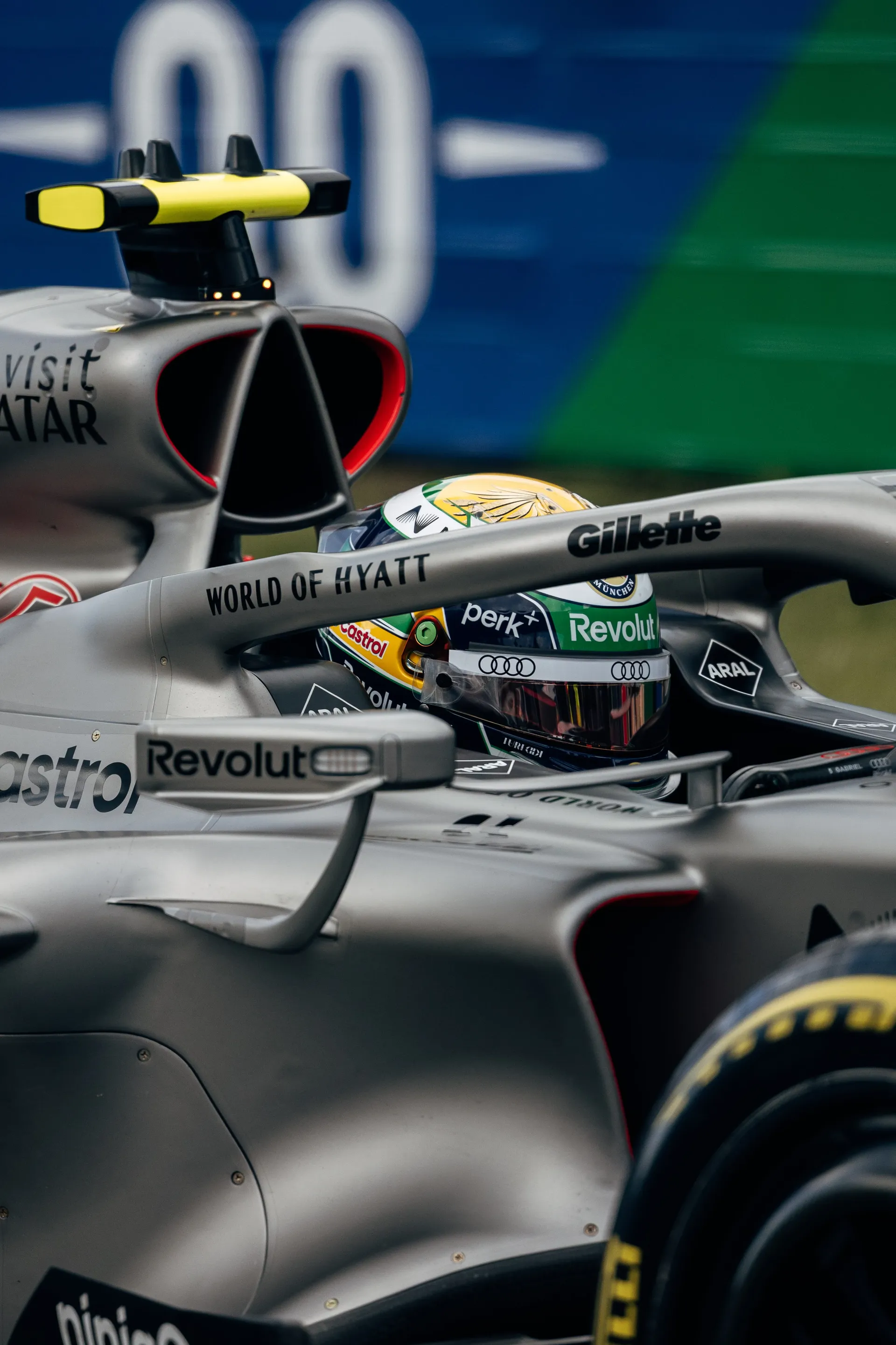 Gabriel Bortoleto in the cockpit of his Audi Revolut F1® Team car at Zandvoort, halo detail