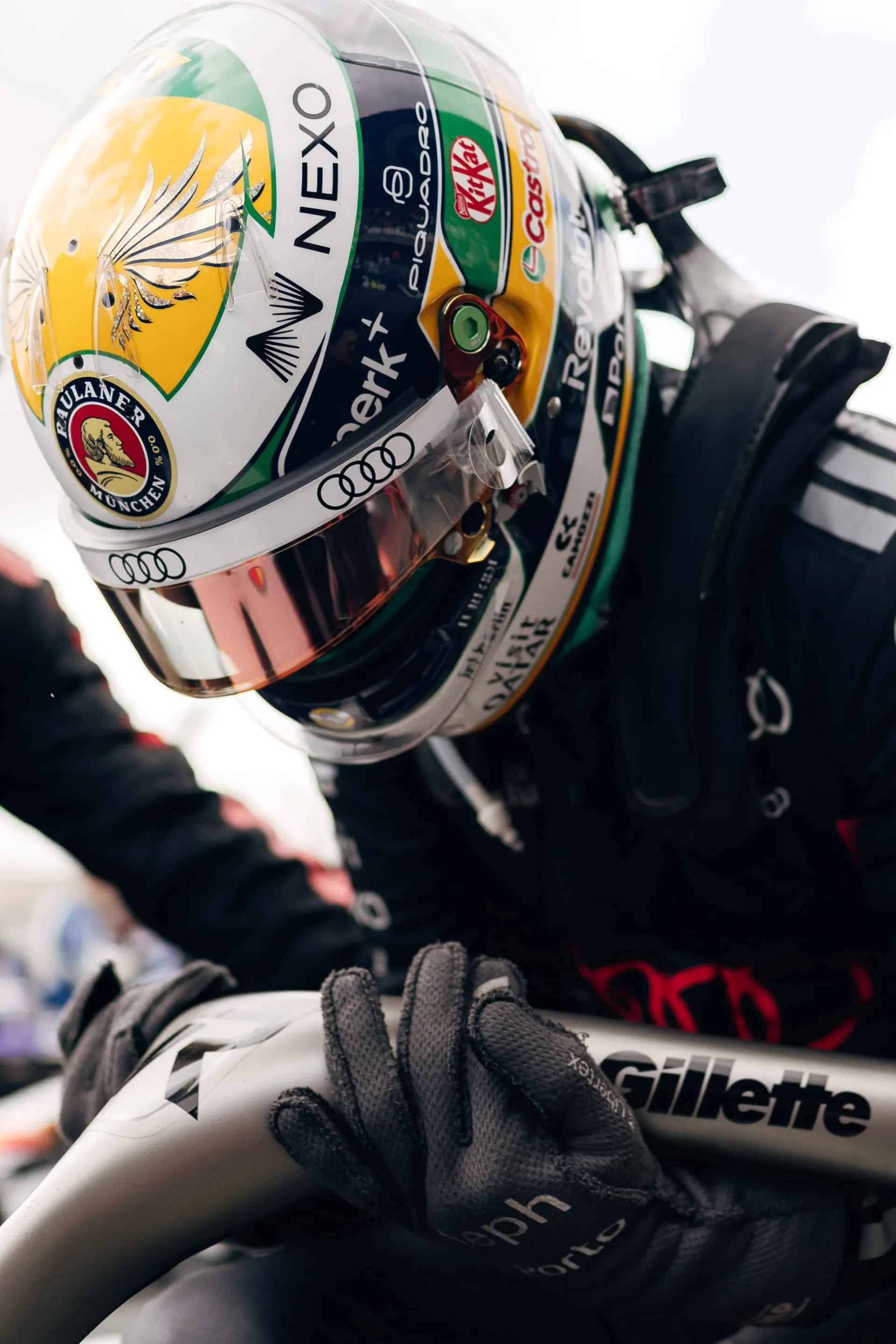Overhead close-up of Gabriel Bortoleto's helmet in the Audi Revolut F1® Team garage at Zandvoort