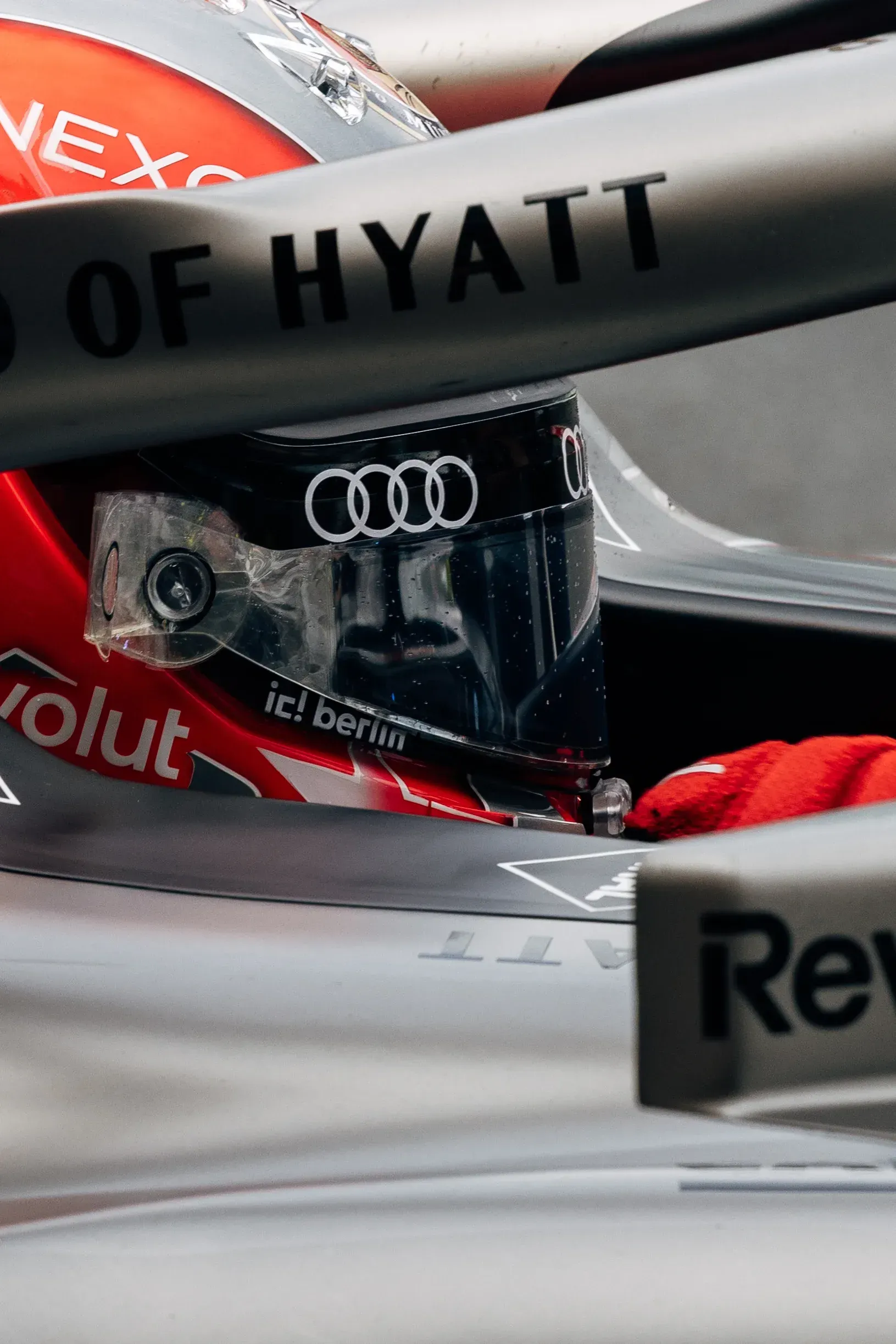 Close-up of an Audi Revolut F1® Team driver's helmet inside the cockpit at Zandvoort