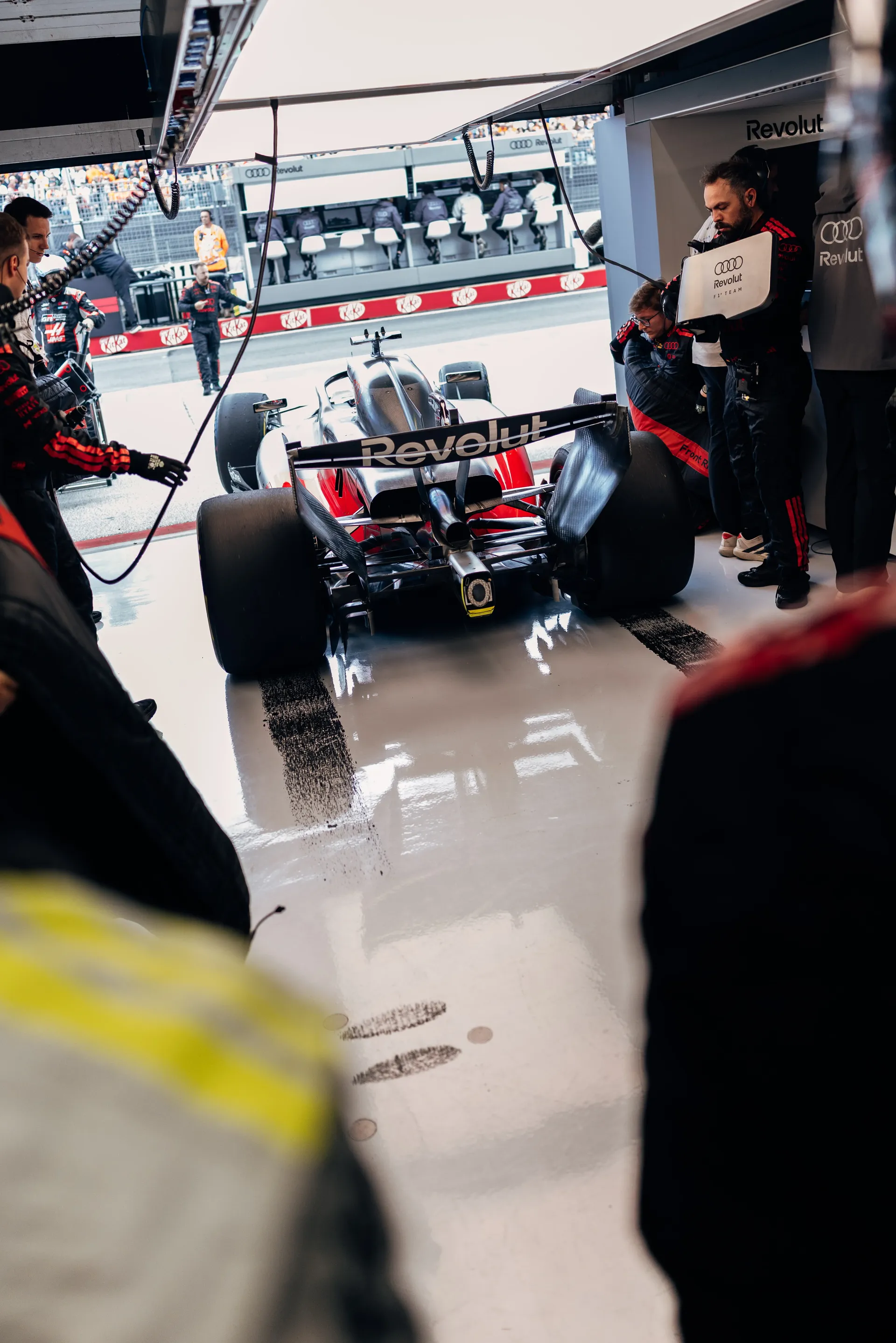 Audi Revolut F1® Team car and crew viewed from inside the garage at Zandvoort