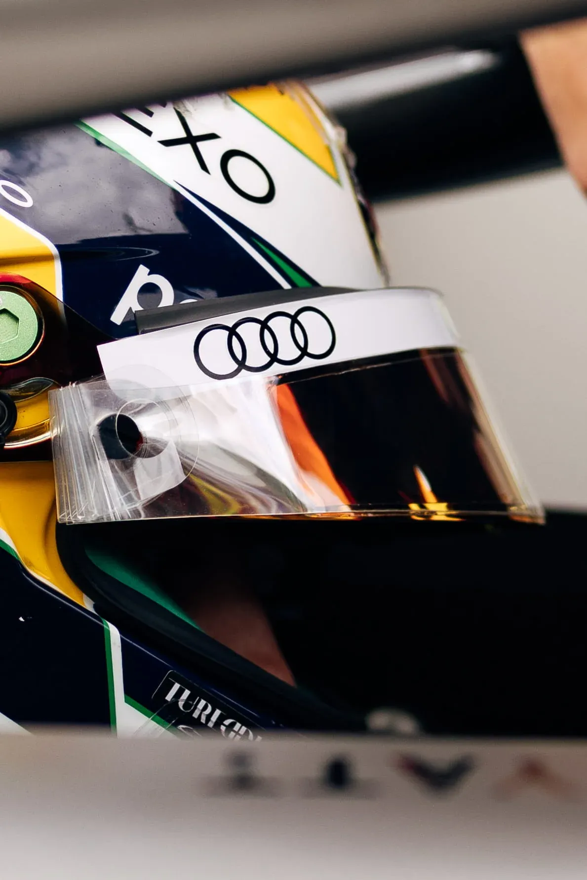 Close-up of an Audi Revolut F1® Team driver's helmet visor with Audi rings at Zandvoort