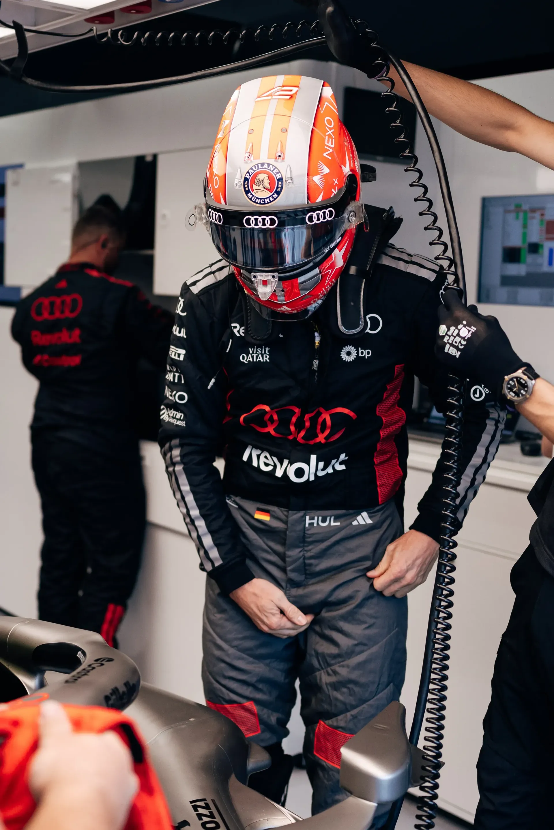 Nico Hulkenberg preparing in the Audi Revolut F1® Team garage at Zandvoort