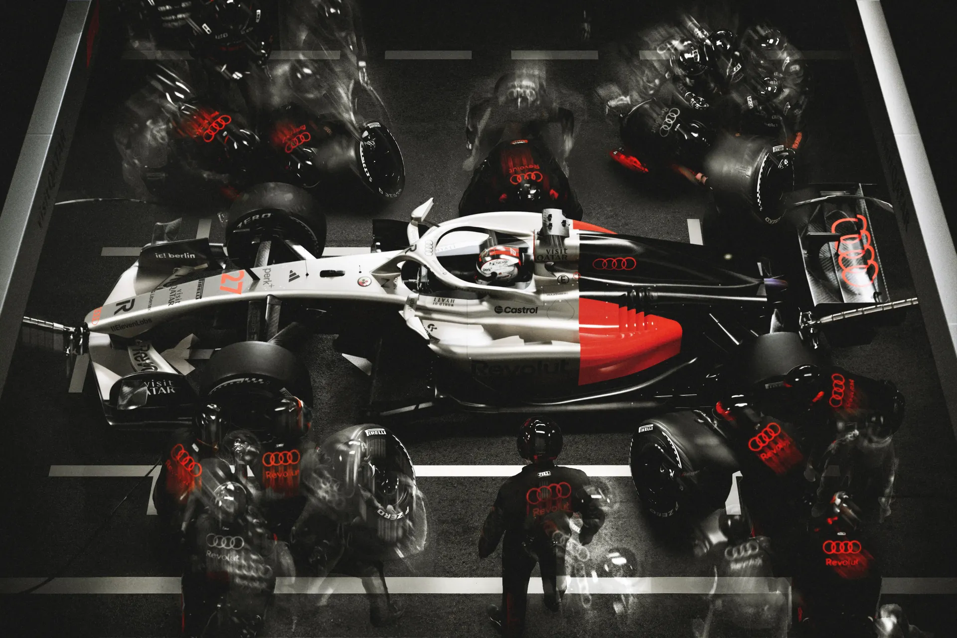 Front view of the Audi R26 in the pit garage with layered exposures of the Audi Revolut F1® Team mechanics, highlighting teamwork and technical precision.