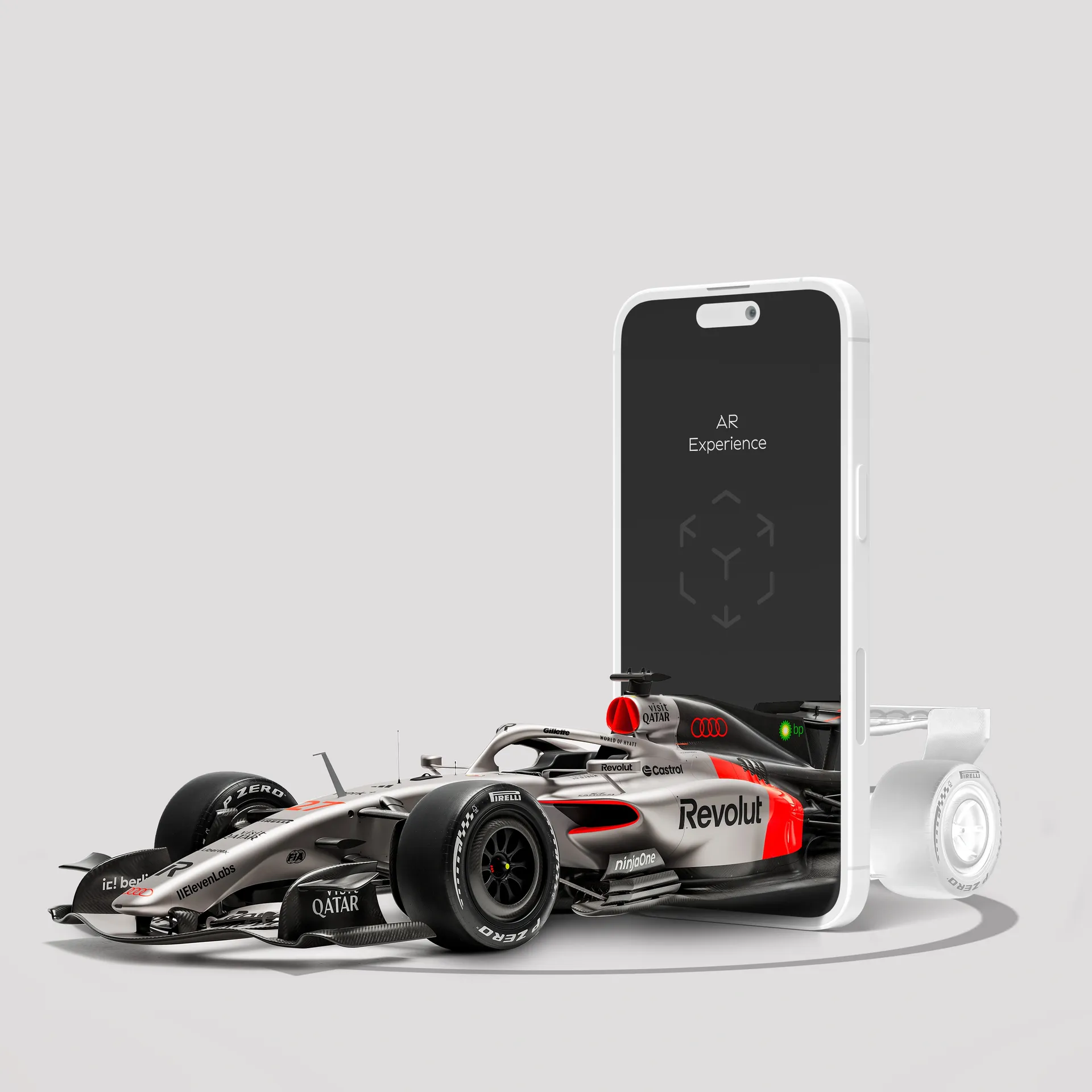 Phone showing AR experience with the Audi Revolut F1® Team R26 car, driving through an iPhone like its a portal