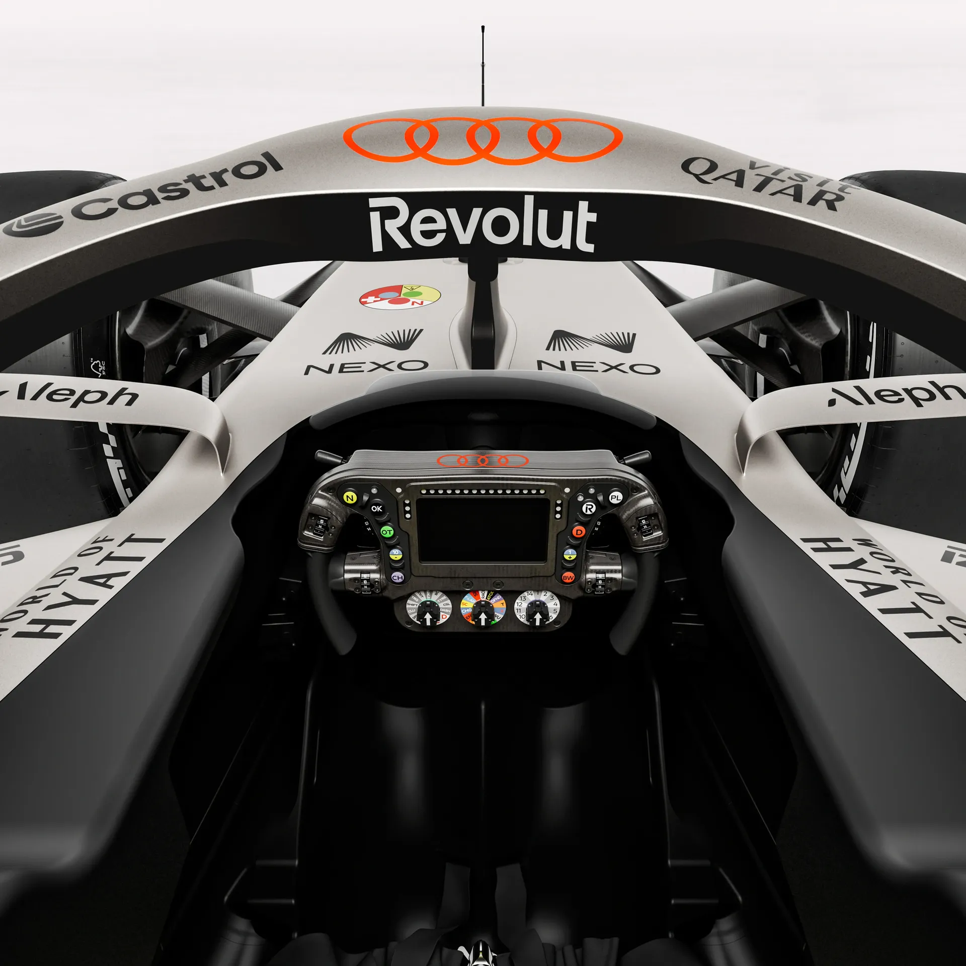 Close up cockpit view of the Audi Revolute F1 Team R26 car in studio
