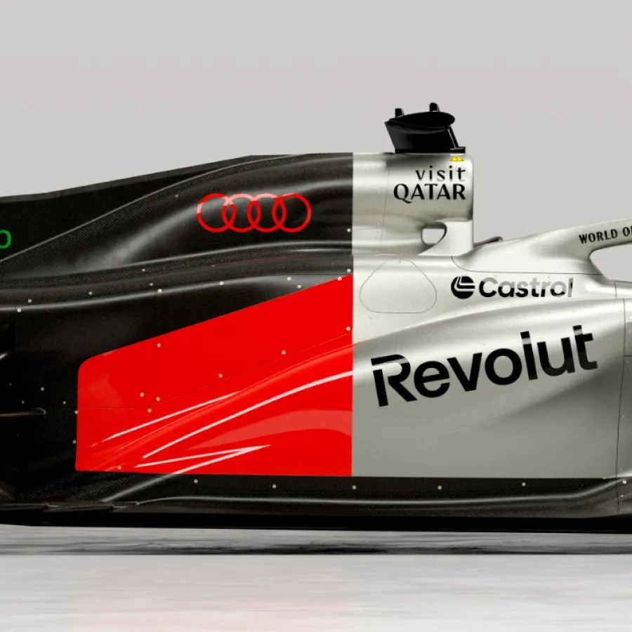 Detail close up side view of the Audi Revolute F1 Team R26 car in studio
