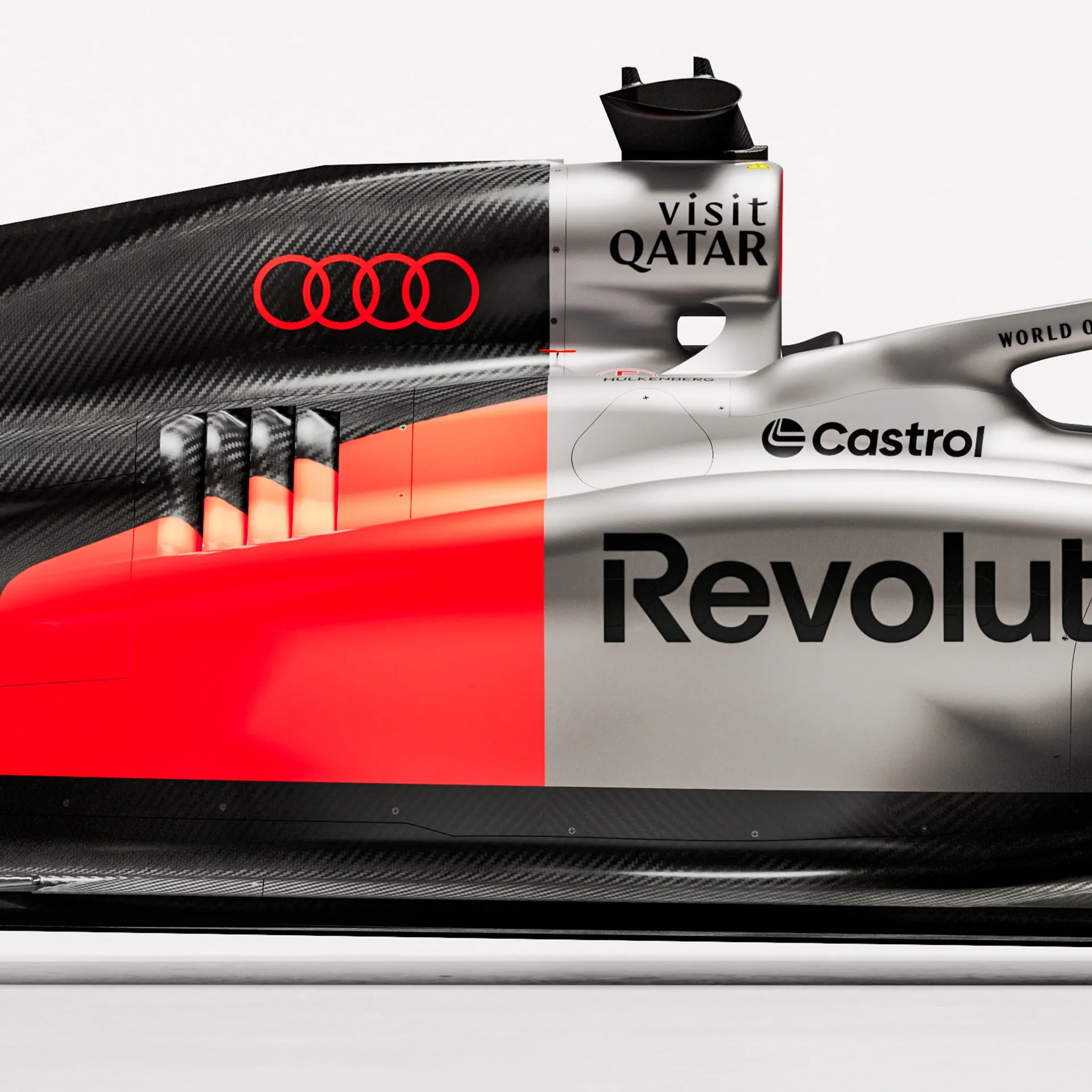 Detail close up side view of the Audi Revolute F1 Team R26 car in studio