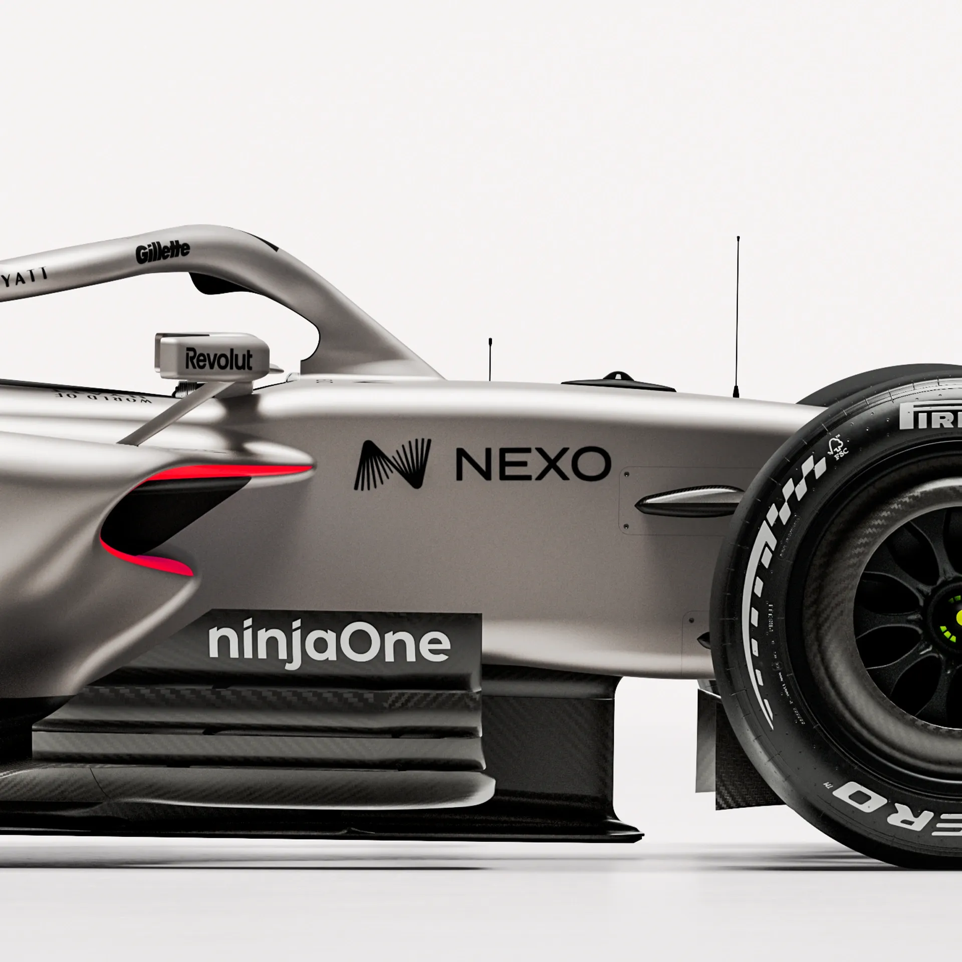 Detail close up side view of the Audi Revolute F1 Team R26 car in studio