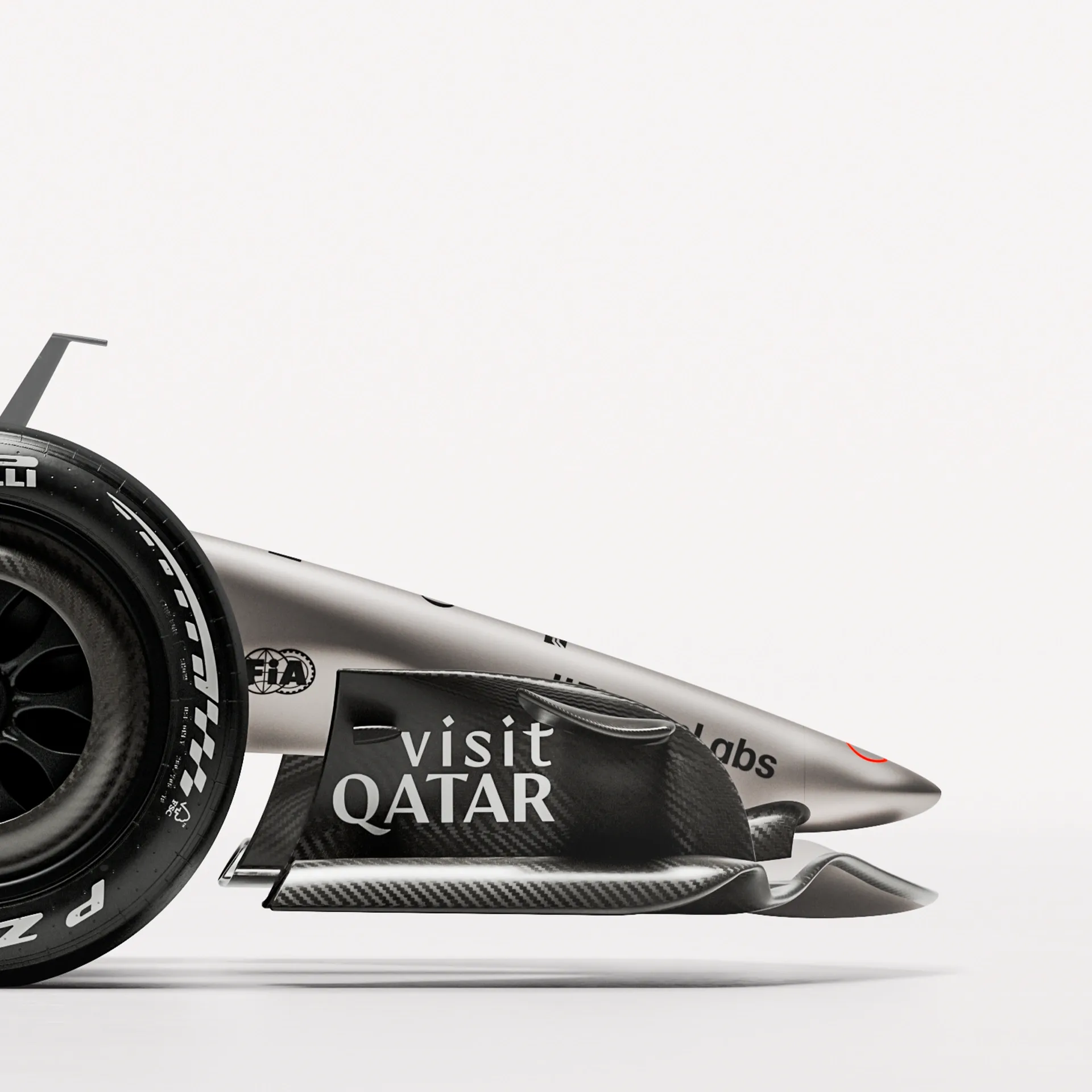 Detail close up side view of the Audi Revolute F1 Team R26 car in studio