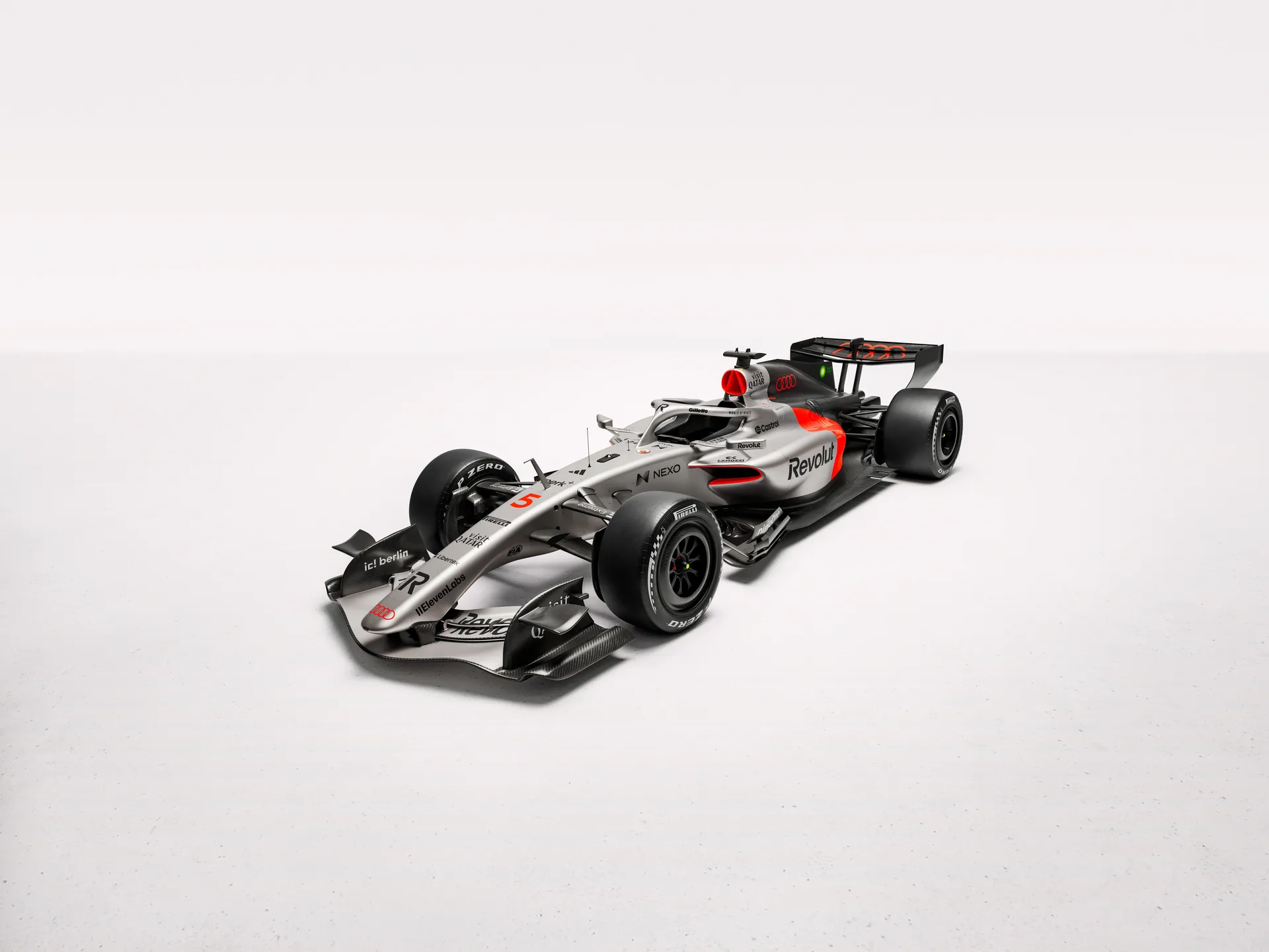Front Side view of the Audi Revolute F1 Team R26 car in studio