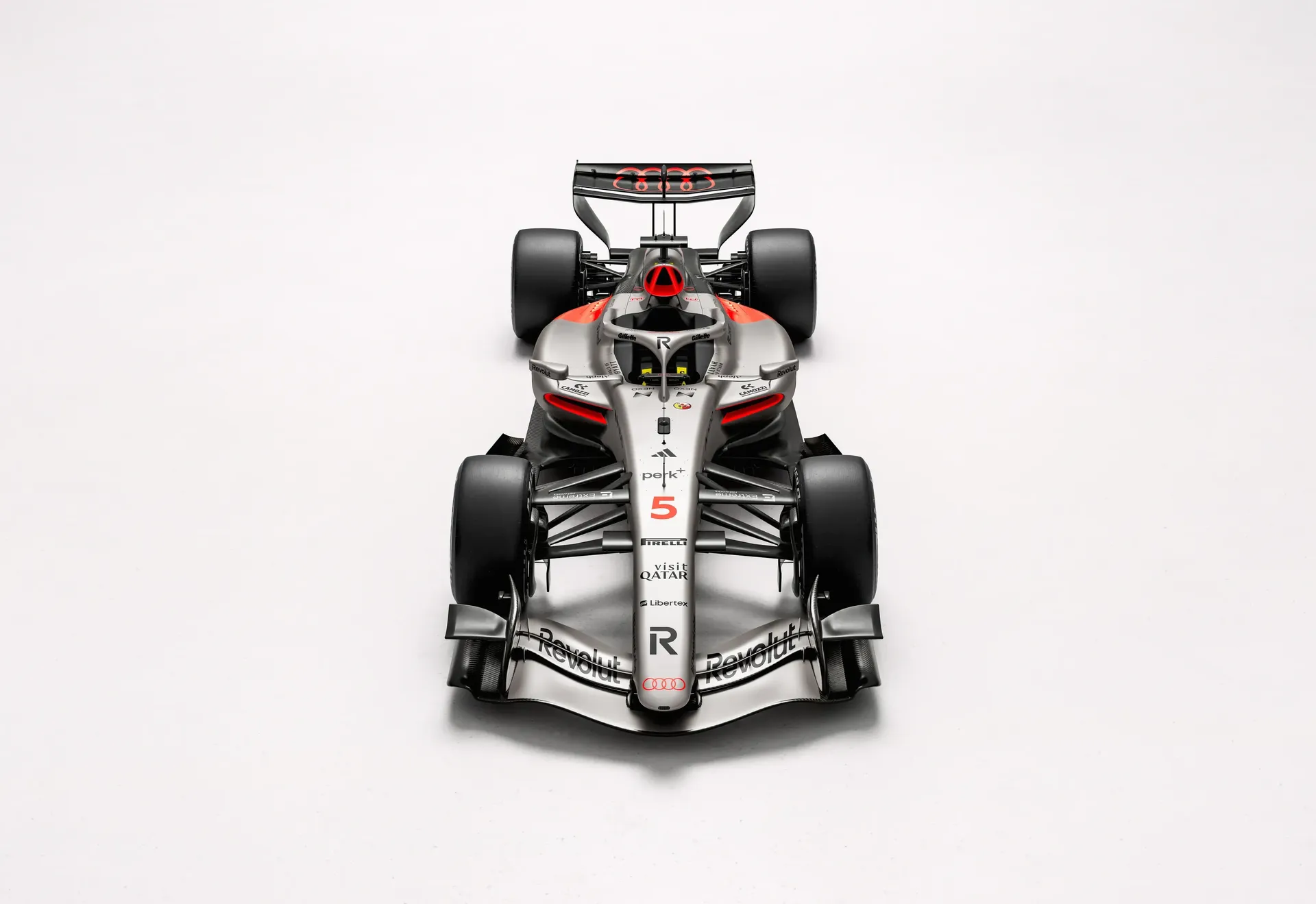 Front top view of the Audi Revolute F1 Team R26 car in studio