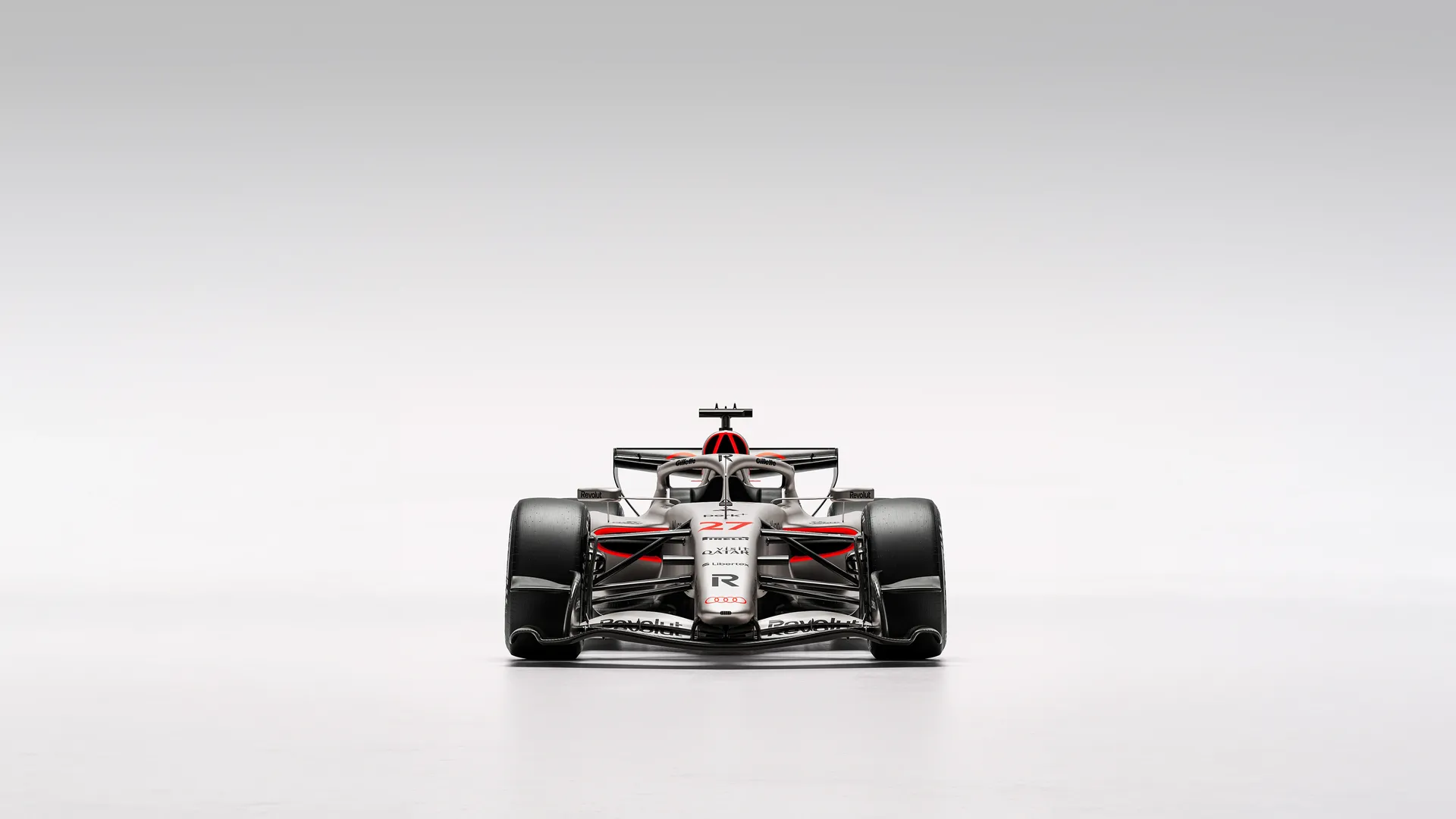Front view of the Audi Revolute F1 Team R26 car in studio