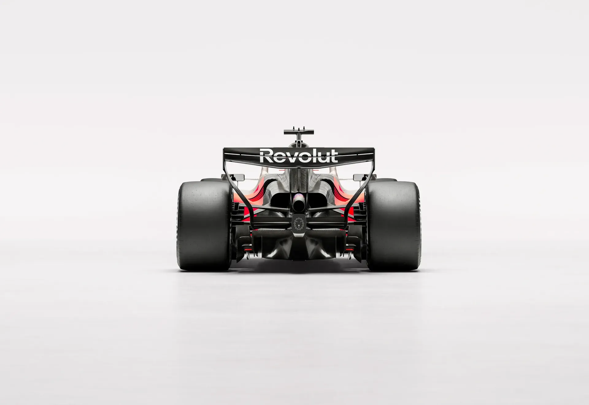 Rear view of the Audi Revolute F1 Team R26 car in studio