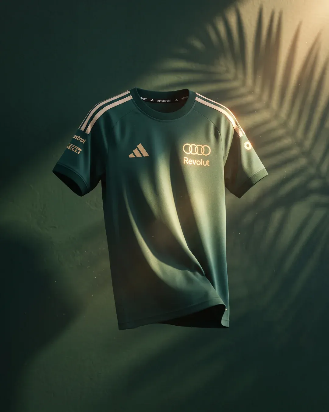 Green Revolut team jersey against palm leaf shadows, adidas x Audi Revolut F1® Team Sampa Soul collection