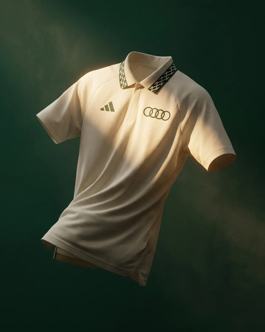 Off-white polo on a dark green background, adidas x Audi Revolut F1® Team Sampa Soul collection