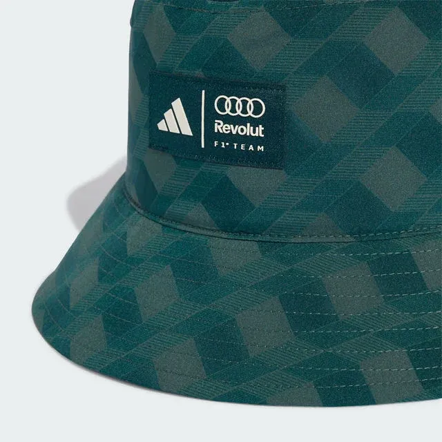 Close-up of a green patterned bucket hat, adidas x Audi Revolut F1® Team Sampa Soul collection