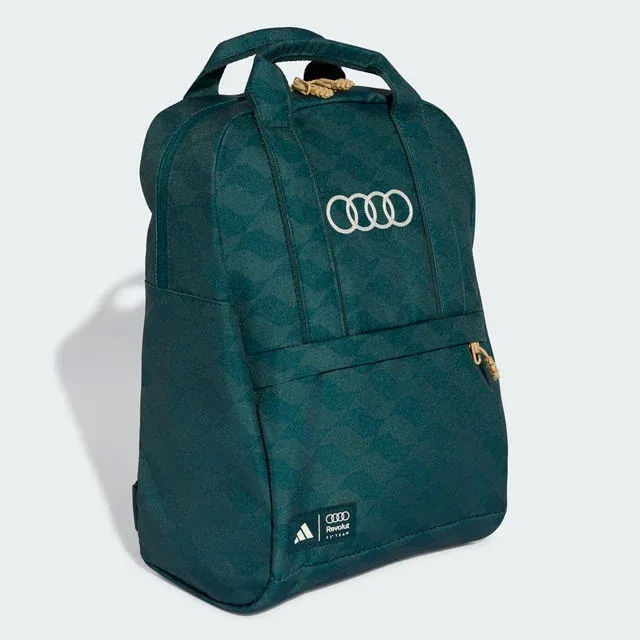 Green patterned backpack with Audi rings, adidas x Audi Revolut F1® Team Sampa Soul collection
