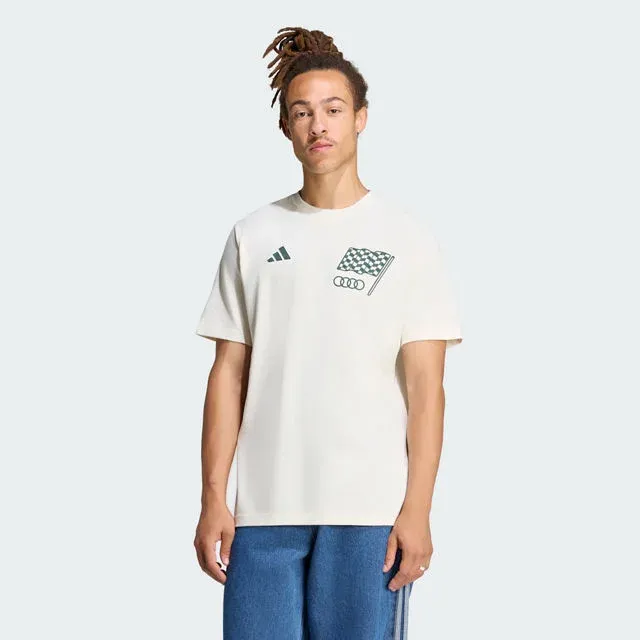 Model in a white T-shirt with a green outline graphic, adidas x Audi Revolut F1® Team Sampa Soul collection