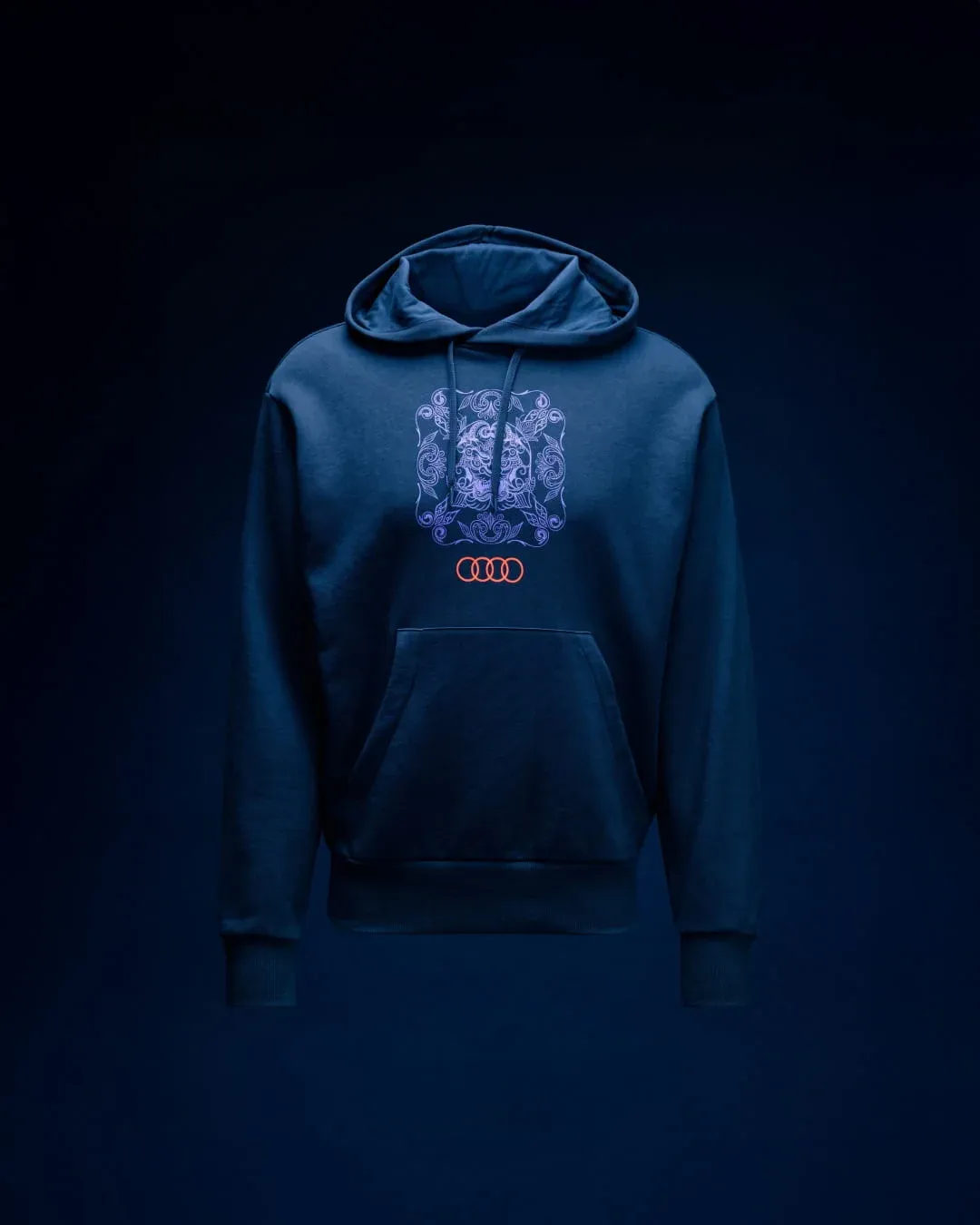 Dark blue hoodie with purple ornamental print and Audi rings