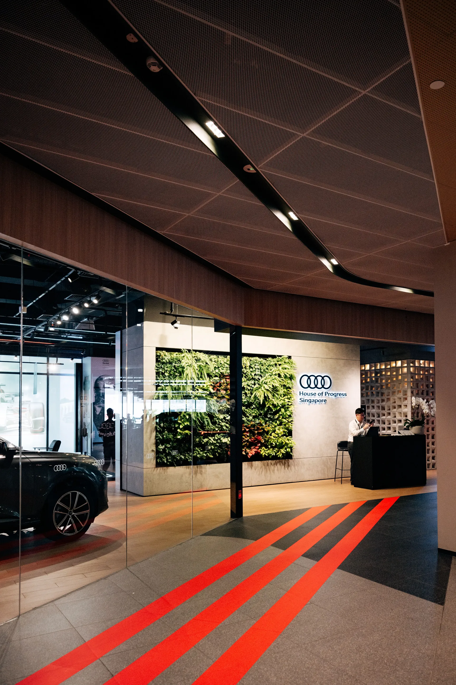 Audi-branded interior with red floor graphics