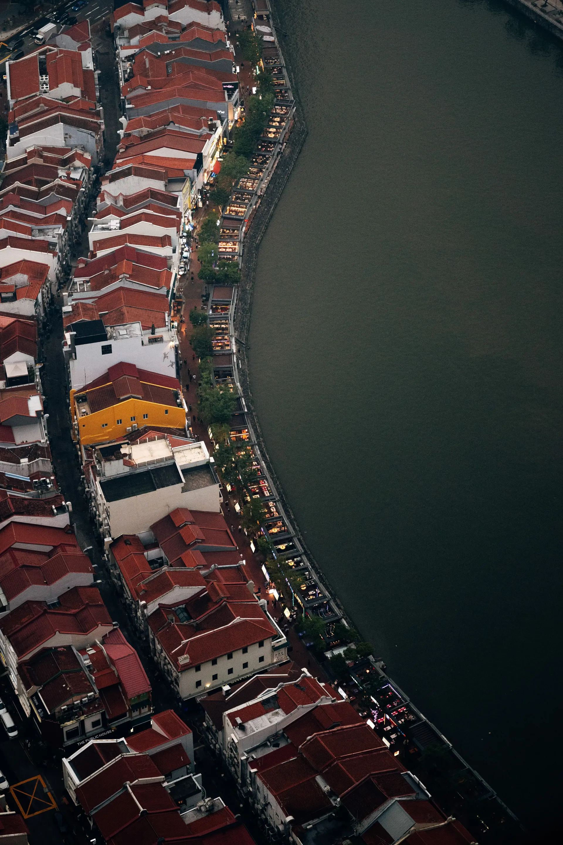 Aerial view of Singapore shophouses along the waterfront