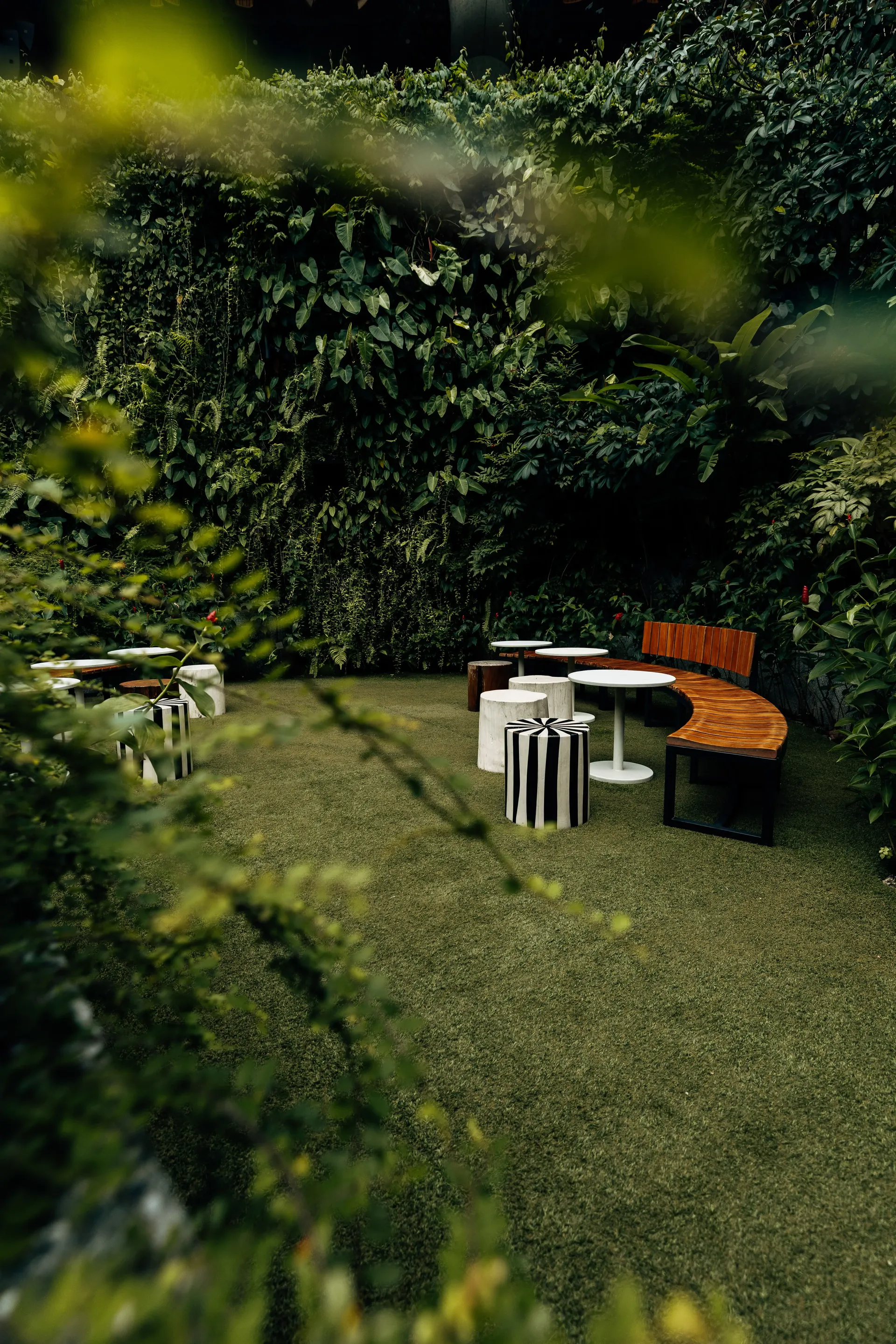 Outdoor garden seating surrounded by lush greenery