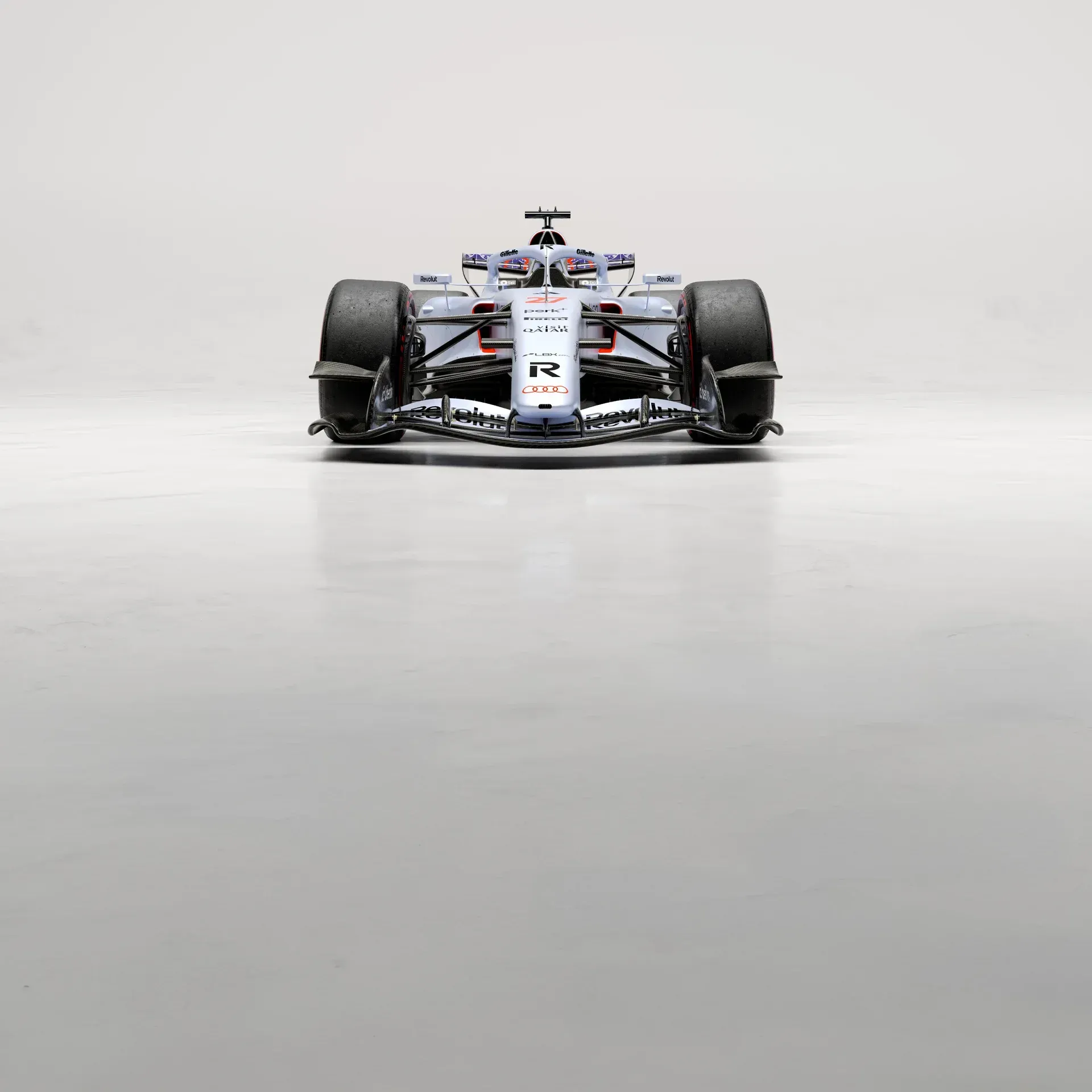 Front view of the Audi Revolut F1® Team car R26 in the Studio