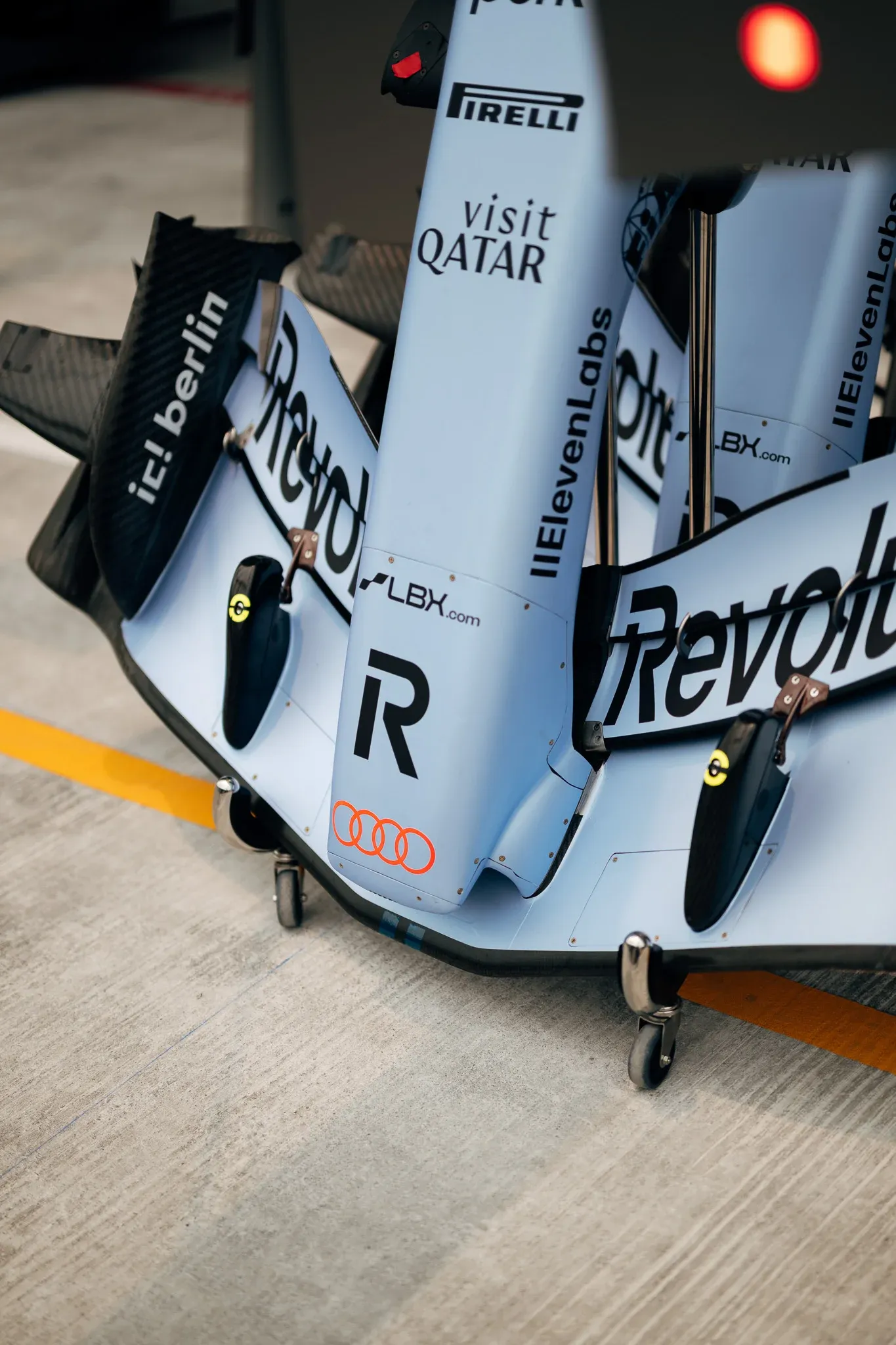 Close-up of the Audi Revolut F1® Team Formula 1® car bodywork and front wing.
