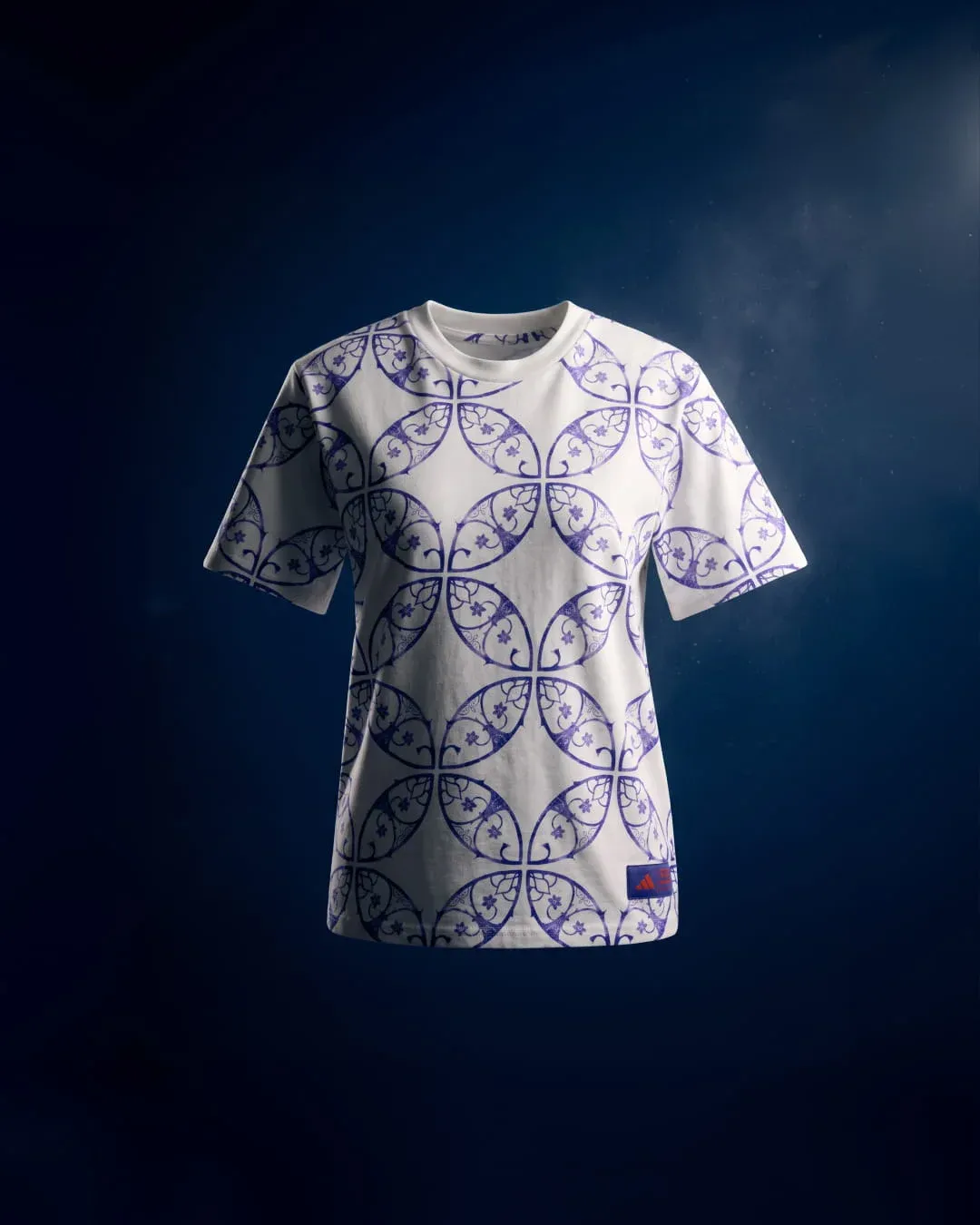 White t-shirt with blue ornamental allover print