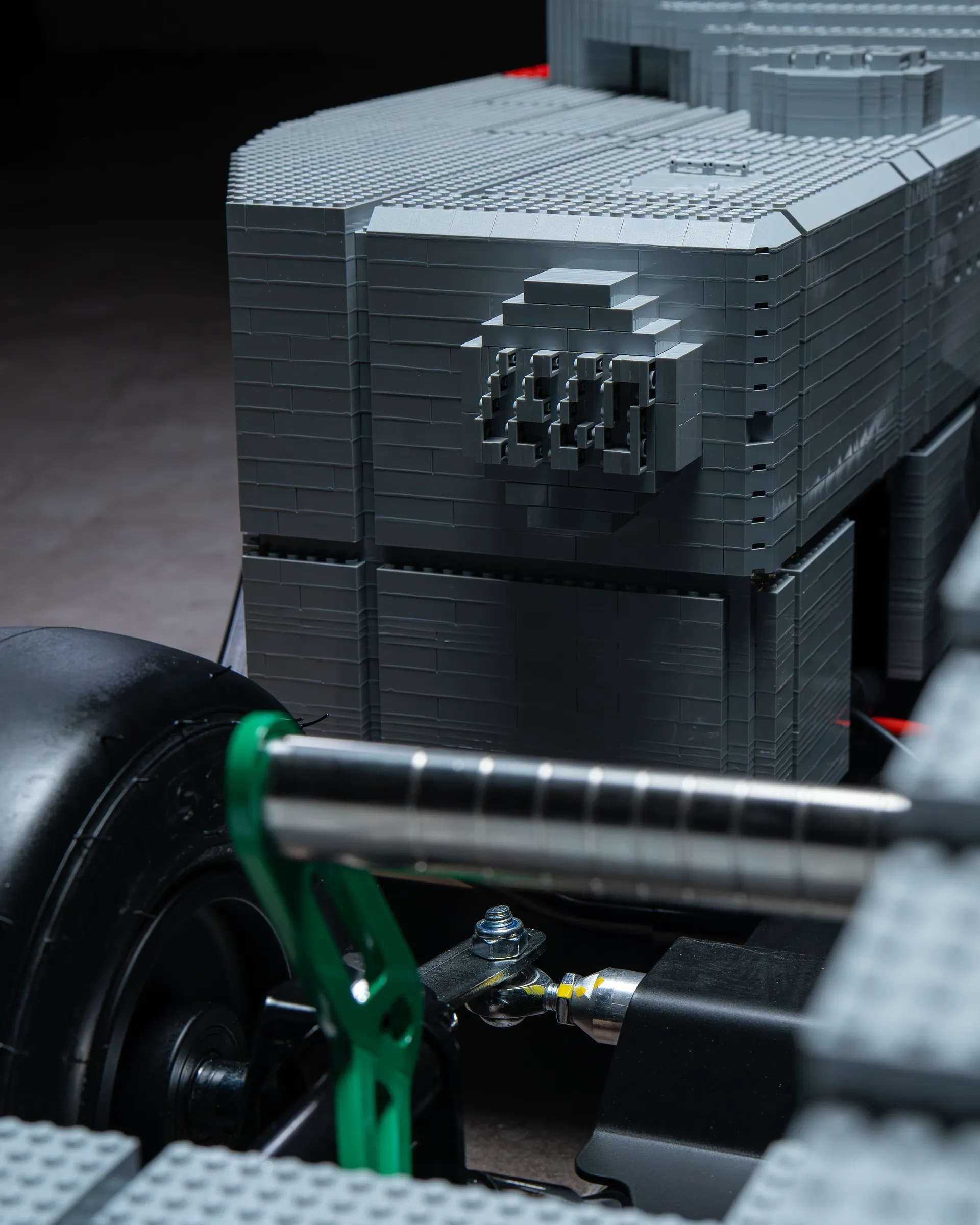 Top view of the LEGO-built kart’s front nose featuring Audi rings and Revolut F1® Team branding on a brick-built panel.