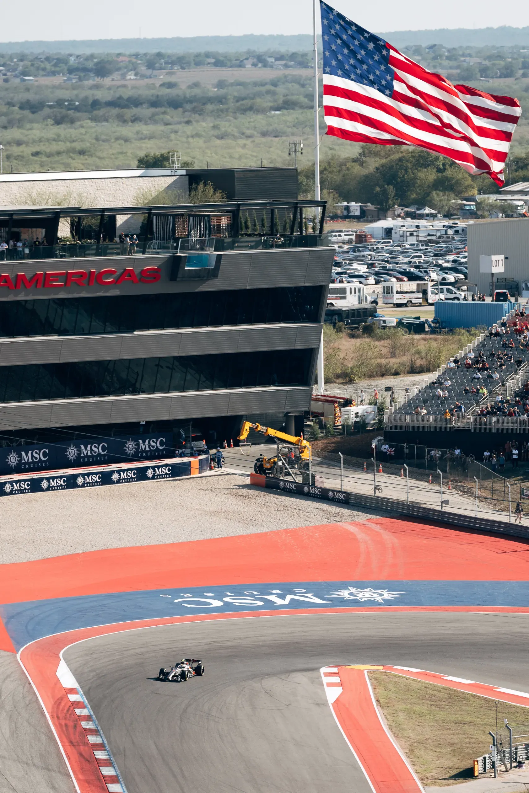 High view of the Audi R26 of the Audi Revolut F1® Team through a corner at the United States Grand Prix