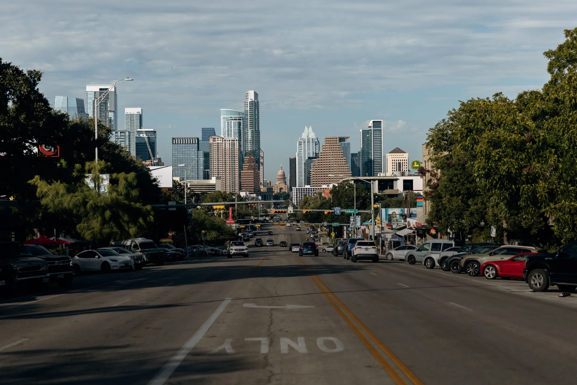 View down a street towards the Texas State Capitol and the Austin skyline, United States Grand Prix