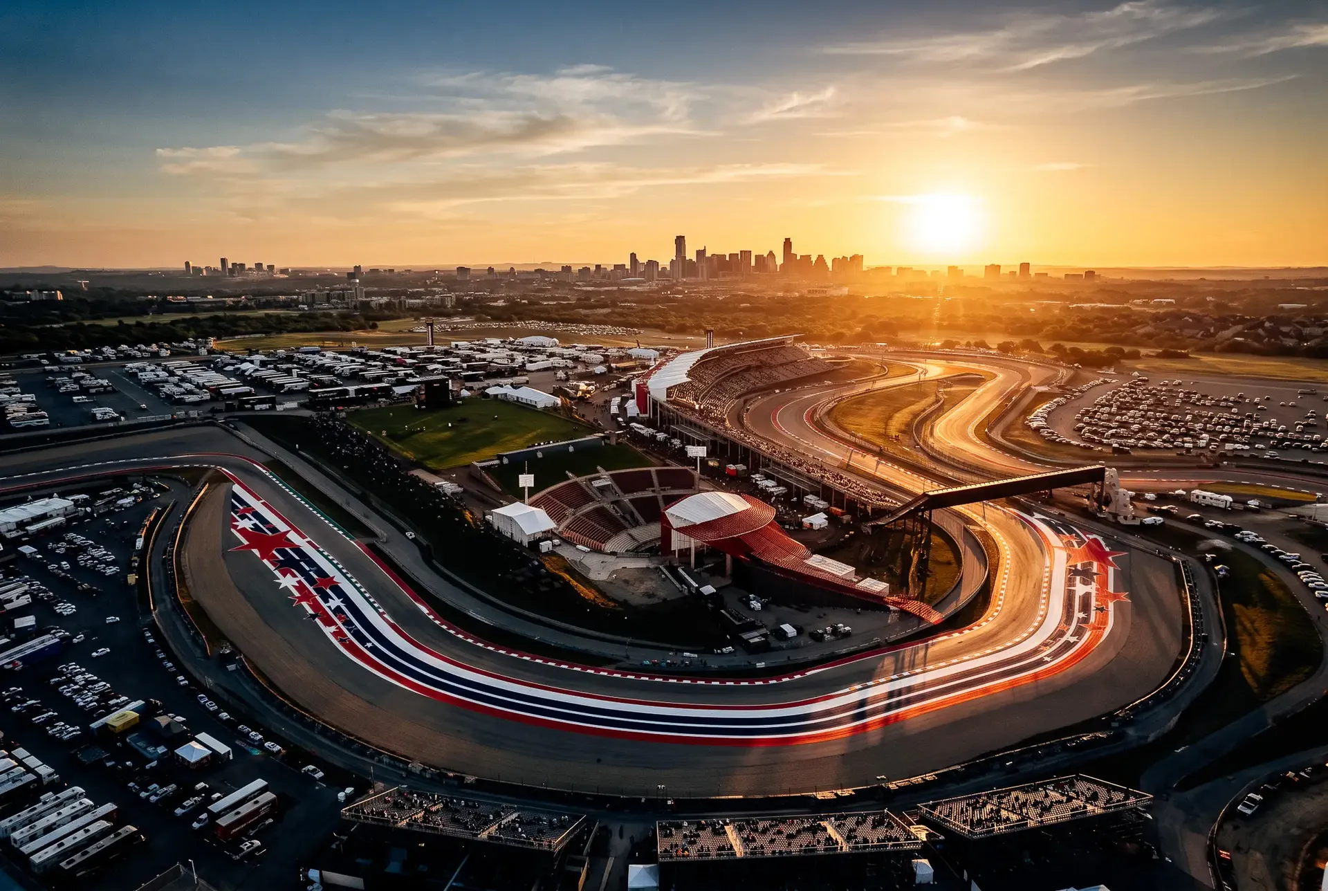 Audi Revolut F1® Team race track aerial view at sunset in Austin, Texas, ahead of the 2026 United States Grand Prix.