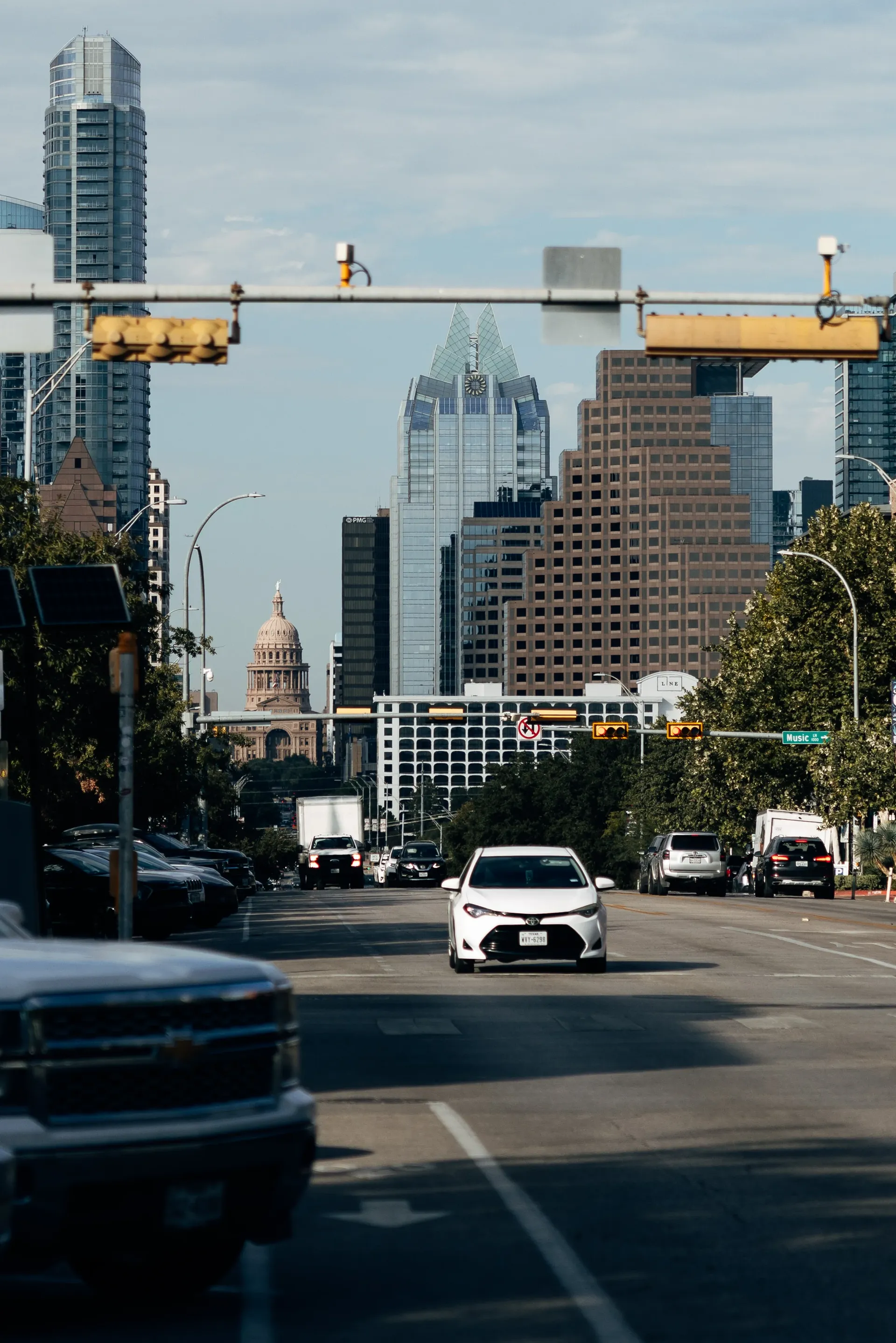 View down a street towards the Texas State Capitol and the Austin skyline, United States Grand Prix
